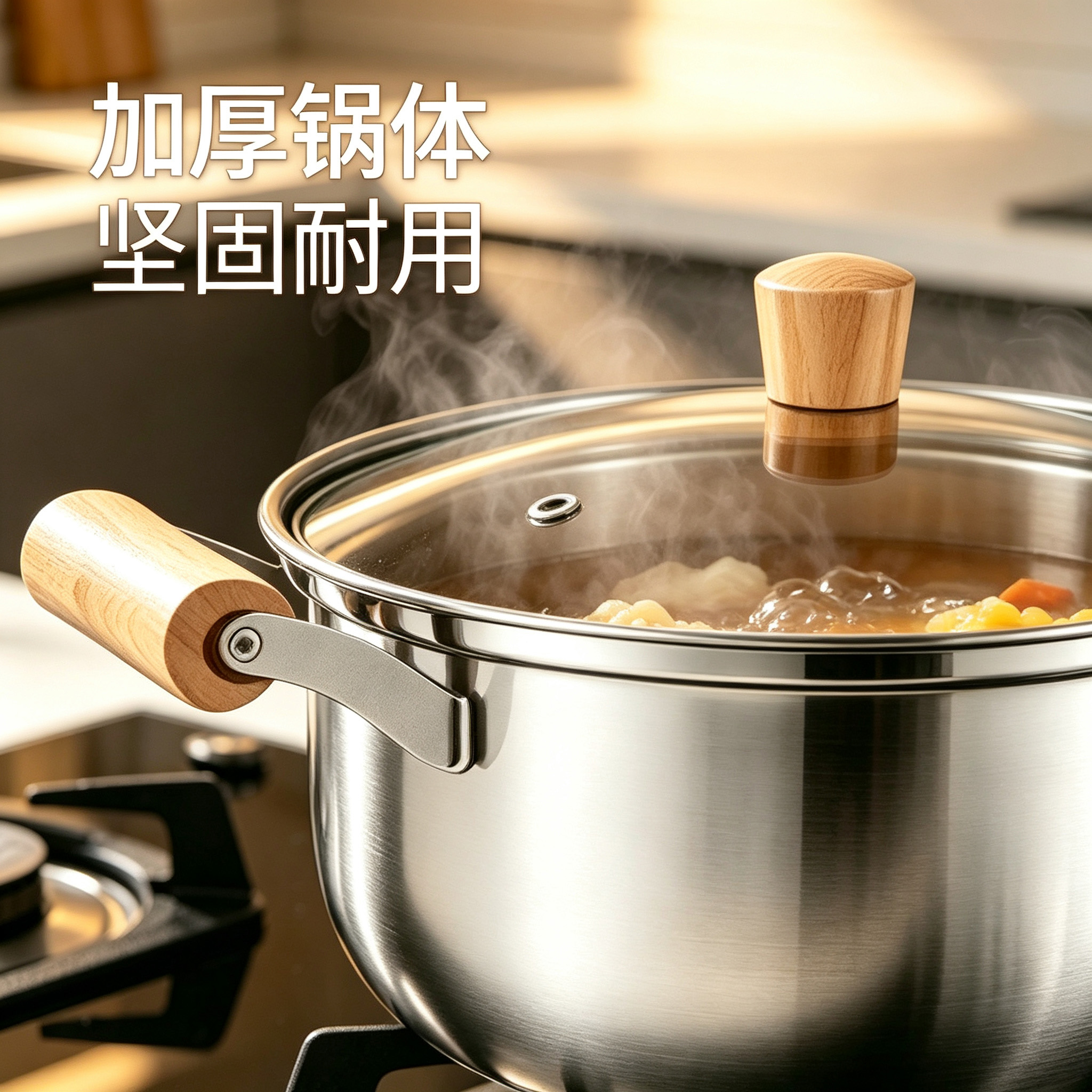 CGUCOOK con mango de madera sólida cacerola de acero inoxidable de grado alimenticio con mango de madera antiplanchado doméstico cacerola de ánforas engrosada cocina de inducción cocina de gas cacerola universal de acero inoxidable Specification image