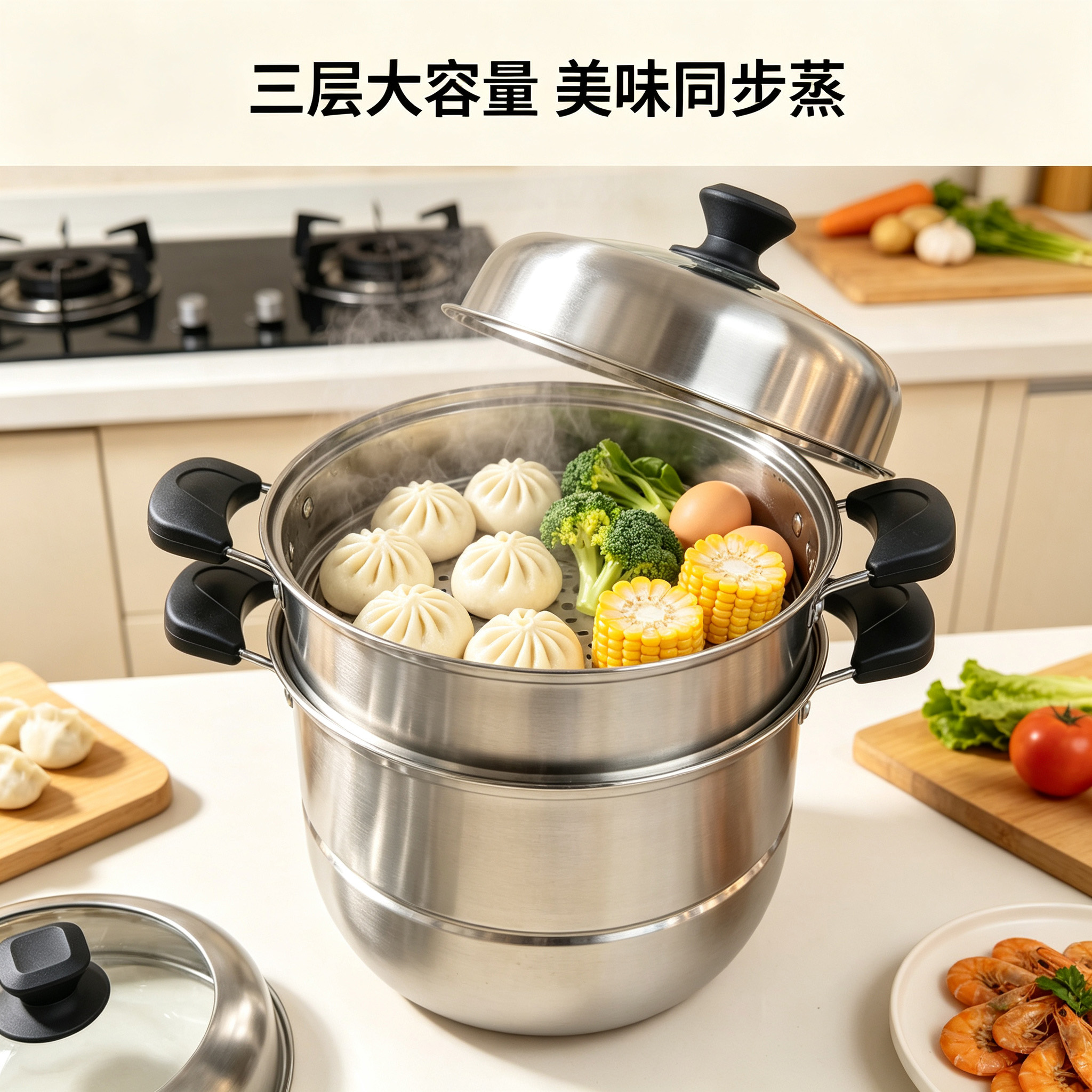 CGUCOOK stainless steel three-layer steamer rack combination cover, household thickened electric wood handle stainless steel steamer visible cover, large soup pot, steaming fish pot, induction cooker universal pot details Picture
