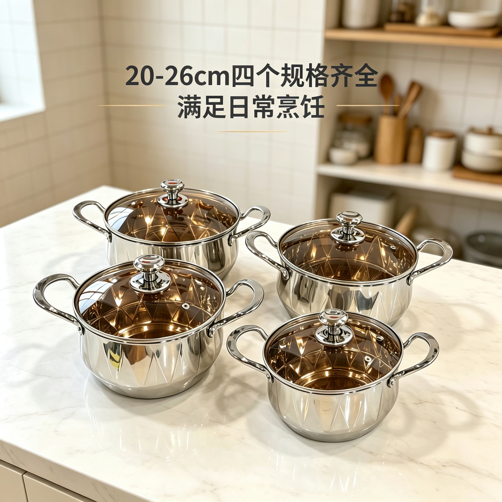 CGUCOOK thickened stainless steel silver diamond cookware 8-piece set, double-bottom steel handle soup pot, high-end household pot set combination, multi-specification soup pot 20-26cm set Application Scenario