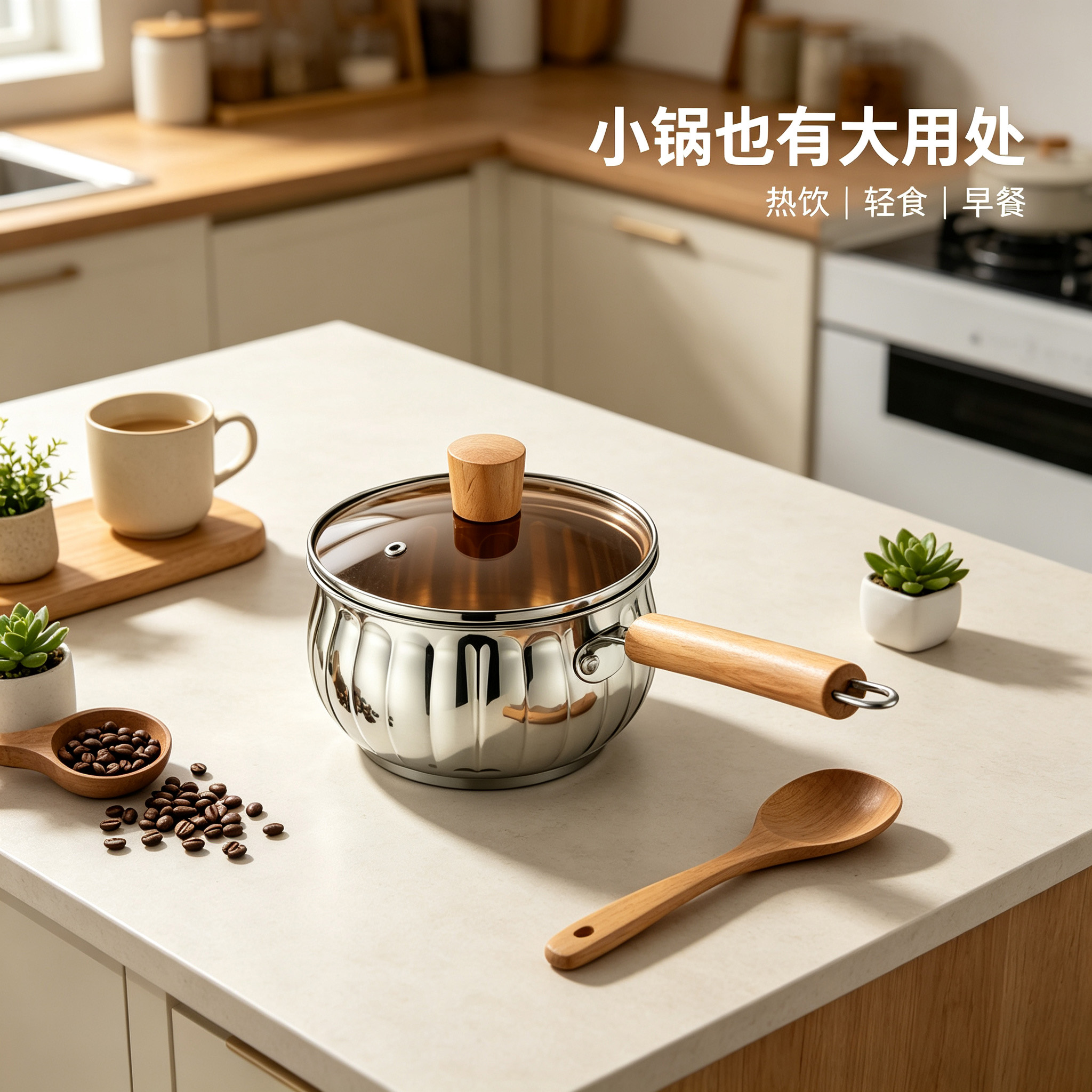 CGUCOOK Cross-border thickened stainless steel milk pot, pumpkin-shaped, heat-resistant wooden handle, home and travel thickened milk pot, instant noodle, complementary food, hot milk pot with lid, universal pot Application Scenario