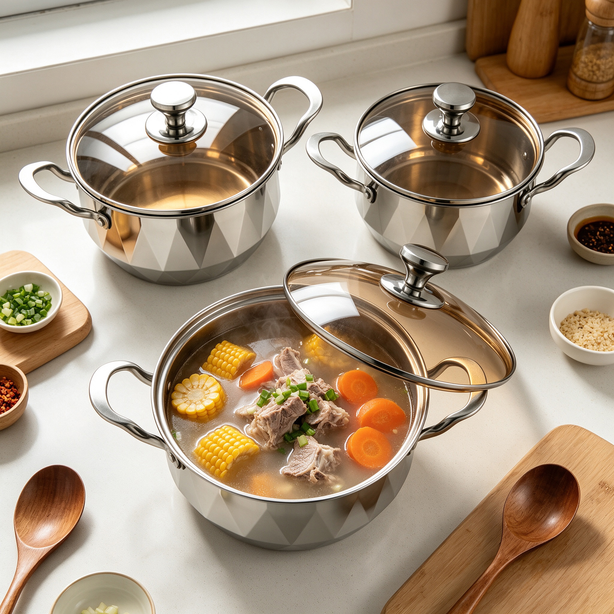 CGUCOOK thickened stainless steel silver diamond cookware 8-piece set, double-bottom steel handle soup pot, high-end household pot set combination, multi-specification soup pot 20-26cm set details Picture
