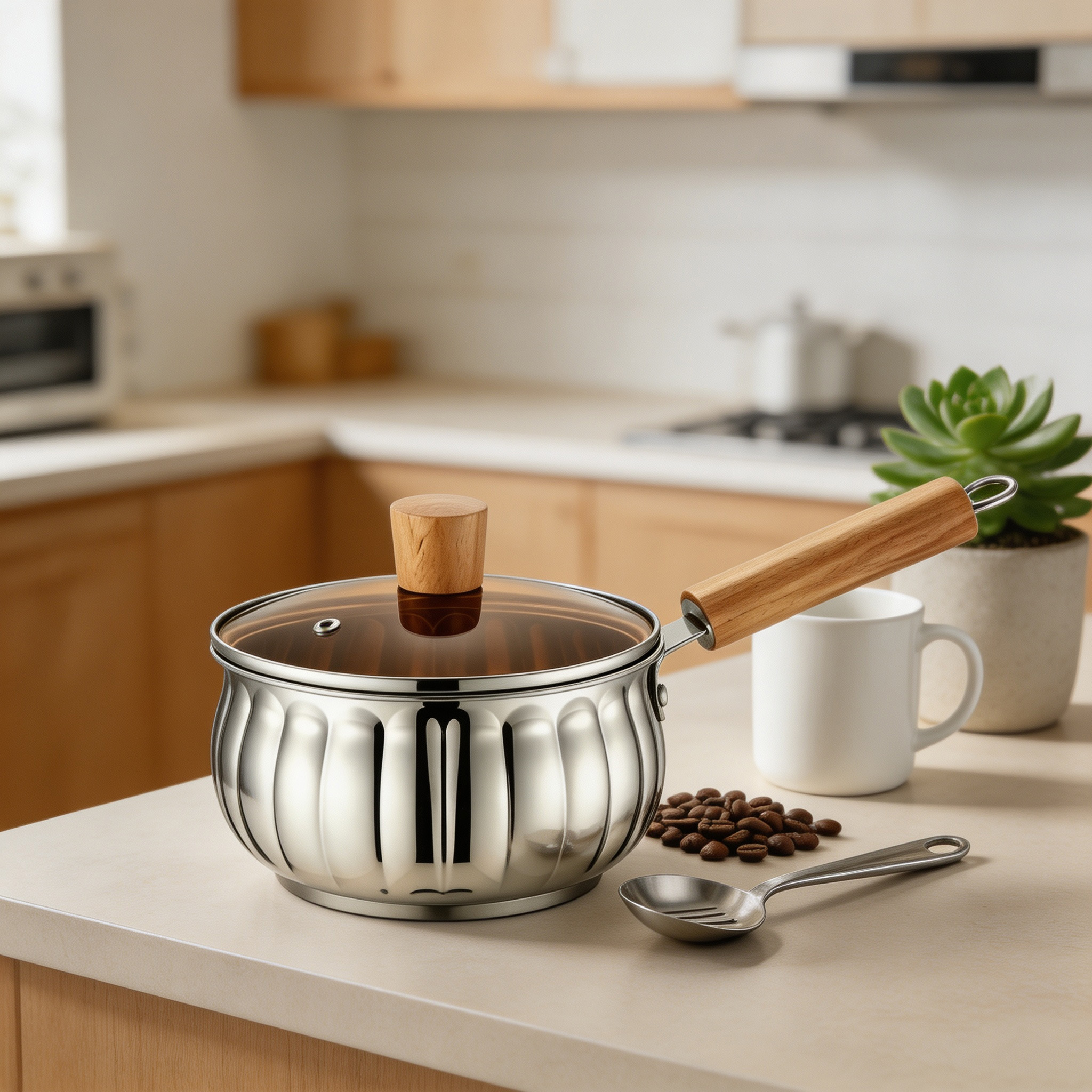 CGUCOOK Cross-border thickened stainless steel milk pot, pumpkin-shaped, heat-resistant wooden handle, home and travel thickened milk pot, instant noodle, complementary food, hot milk pot with lid, universal pot Specification image
