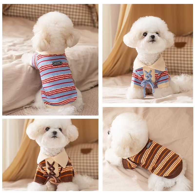 Color-blocking striped lapel pet knitted sweater, Teddy Bichon Frise small dog, warm two-legged dog clothes for autumn and winter Application Scenario