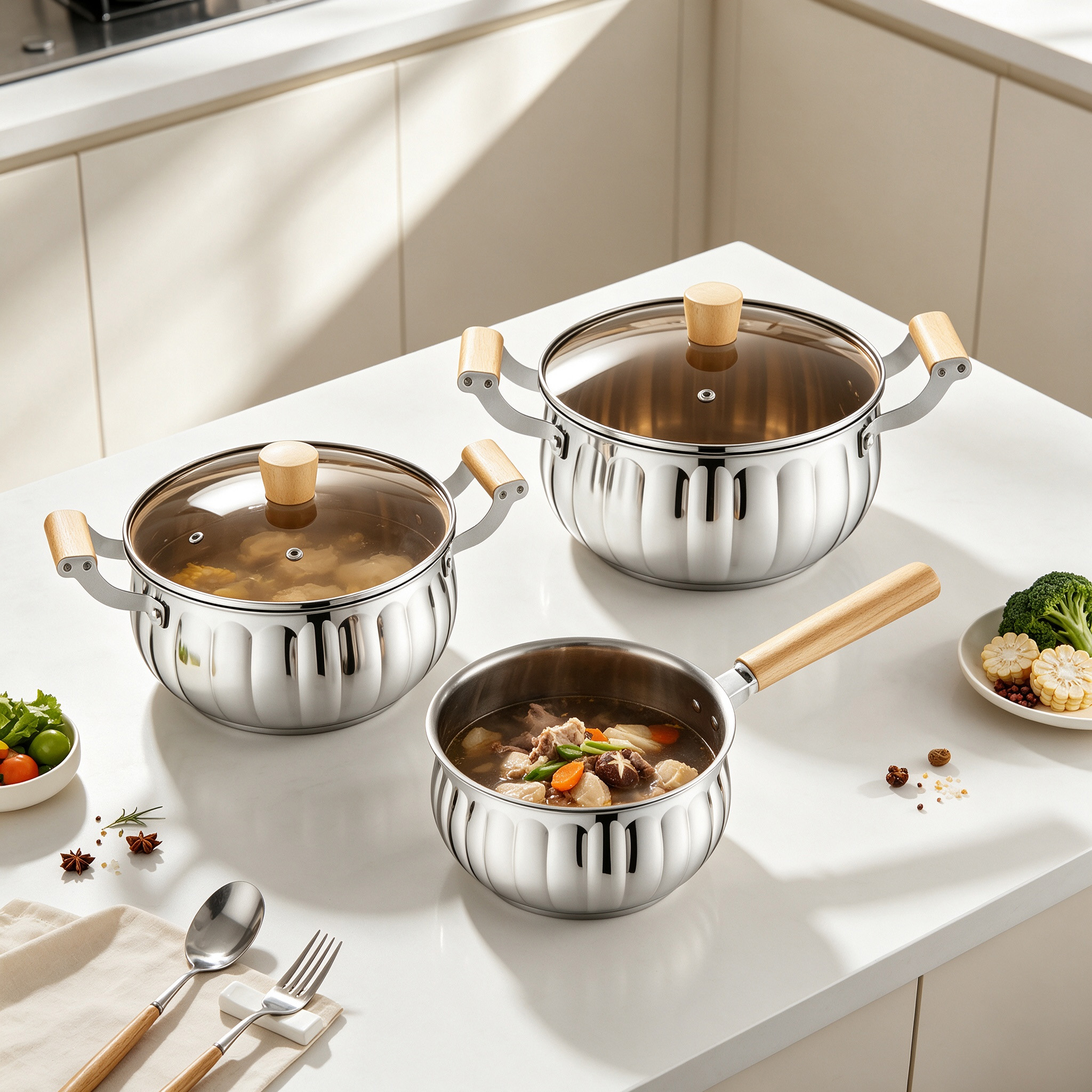 CGUCOOK cross border engrosado acero inoxidable calabaza pot set 10 piezas multi-combinación olla de crema olla de sopa conjunto de olla de cocina tipo calabaza antiplanchado mango de madera set de acero inoxidable pot 18-26cm Specification image