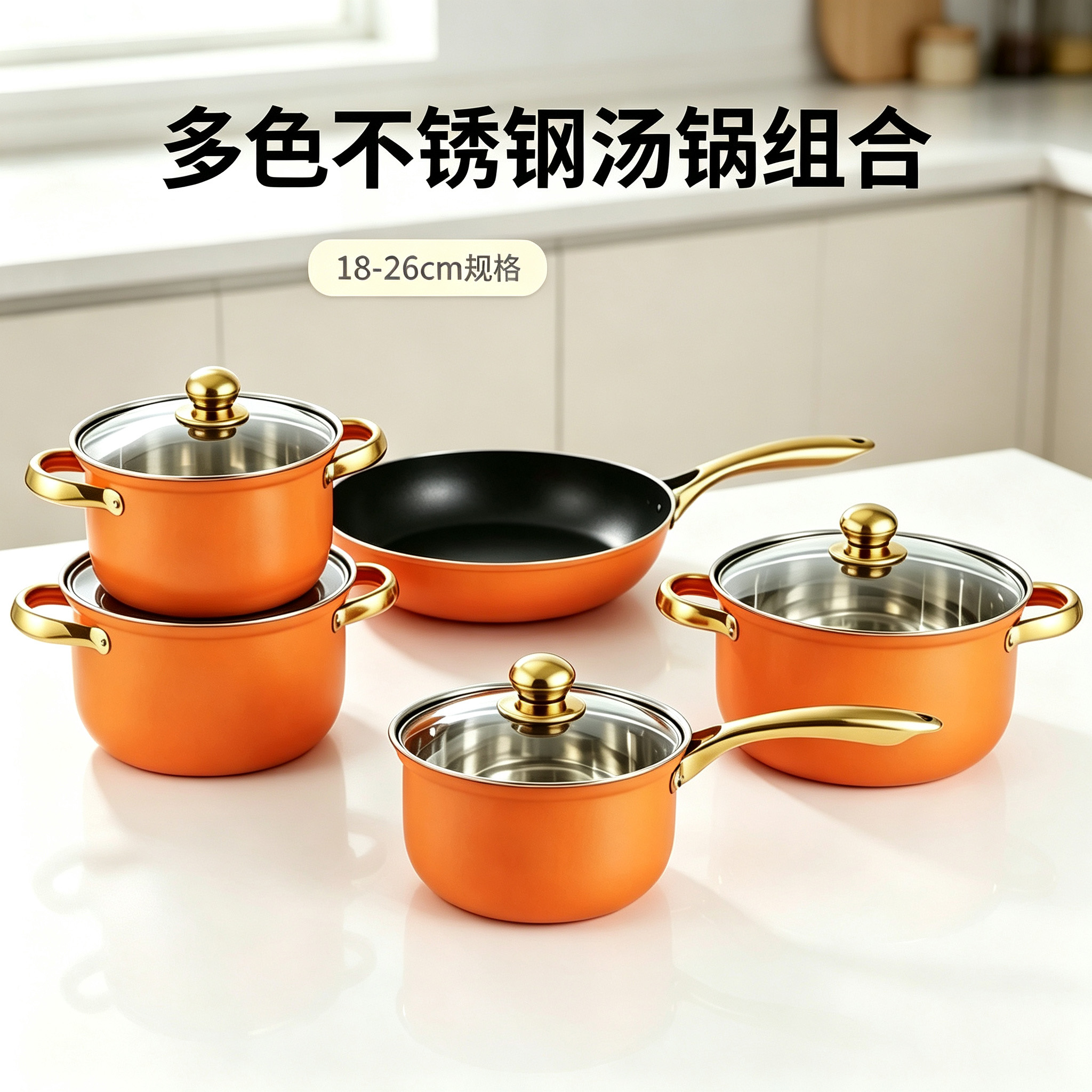 CGUCOOK跨境彩色不锈钢组合锅具9件套颜色可选套锅五合一烹饪锅厨房不锈钢奶锅双耳汤锅煎锅详情1