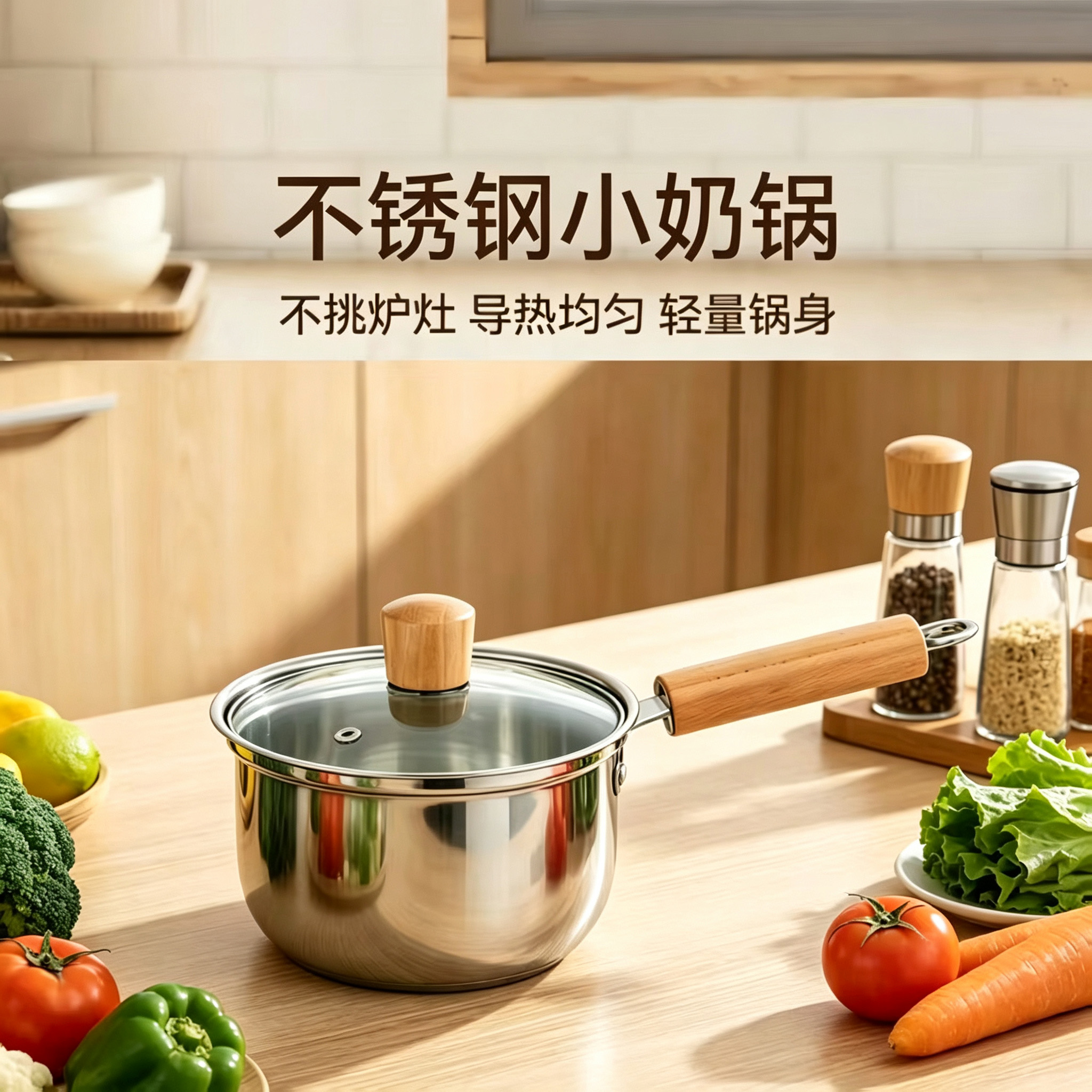 CGUCOOK stainless steel small milk pot, food-grade thickened milk pot, anti-scald wooden handle for cooking noodles, single-handle stainless steel baby food milk pot, electromagnetic universal instant noodle pot