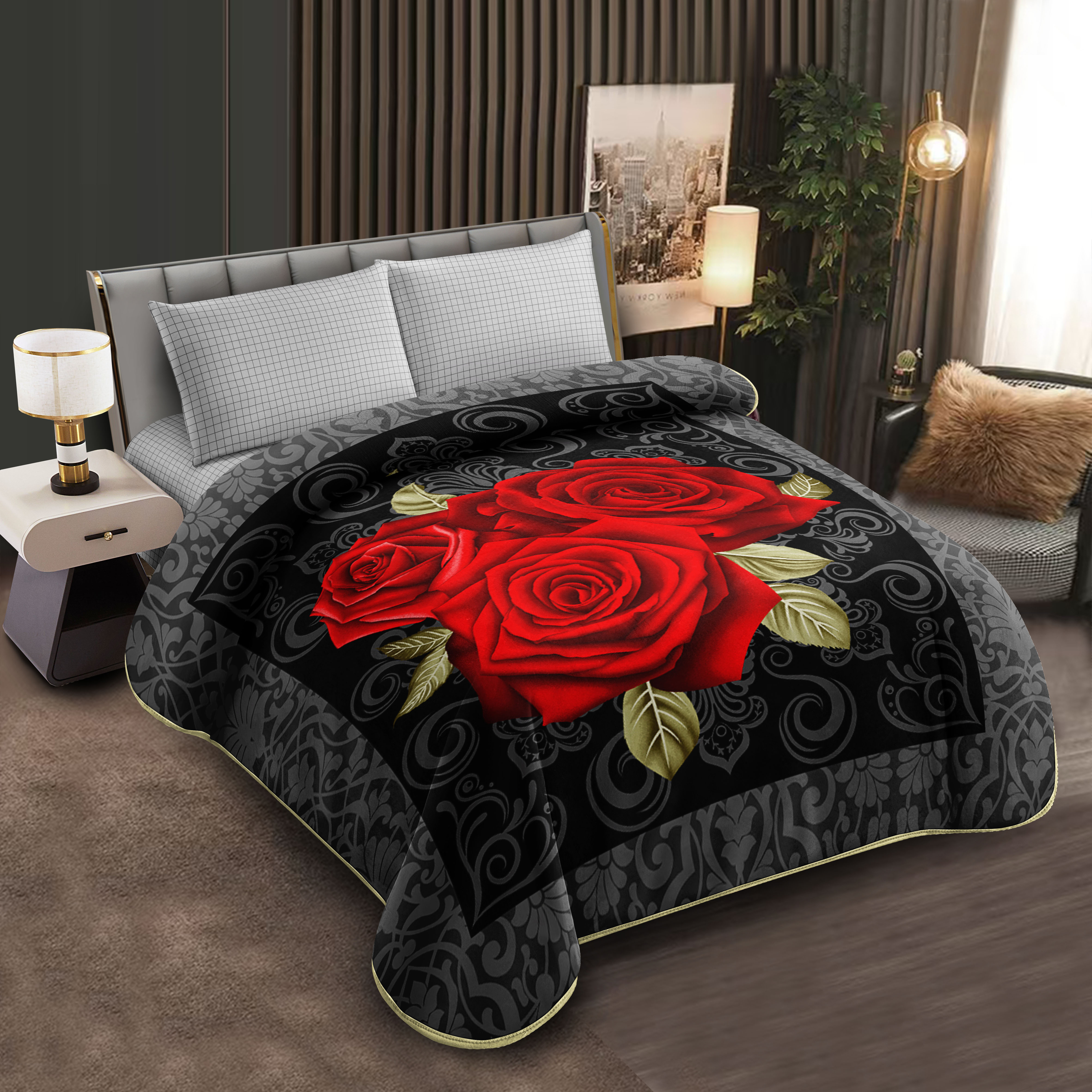 Middle East blanket export, foreign trade, floral pattern Raschel blanket, cloud blanket, composite blanket wholesale, customization, large double size, fashionable black rose pattern blanket, soft and warm, home bed blanket, cover blanket, winter essential