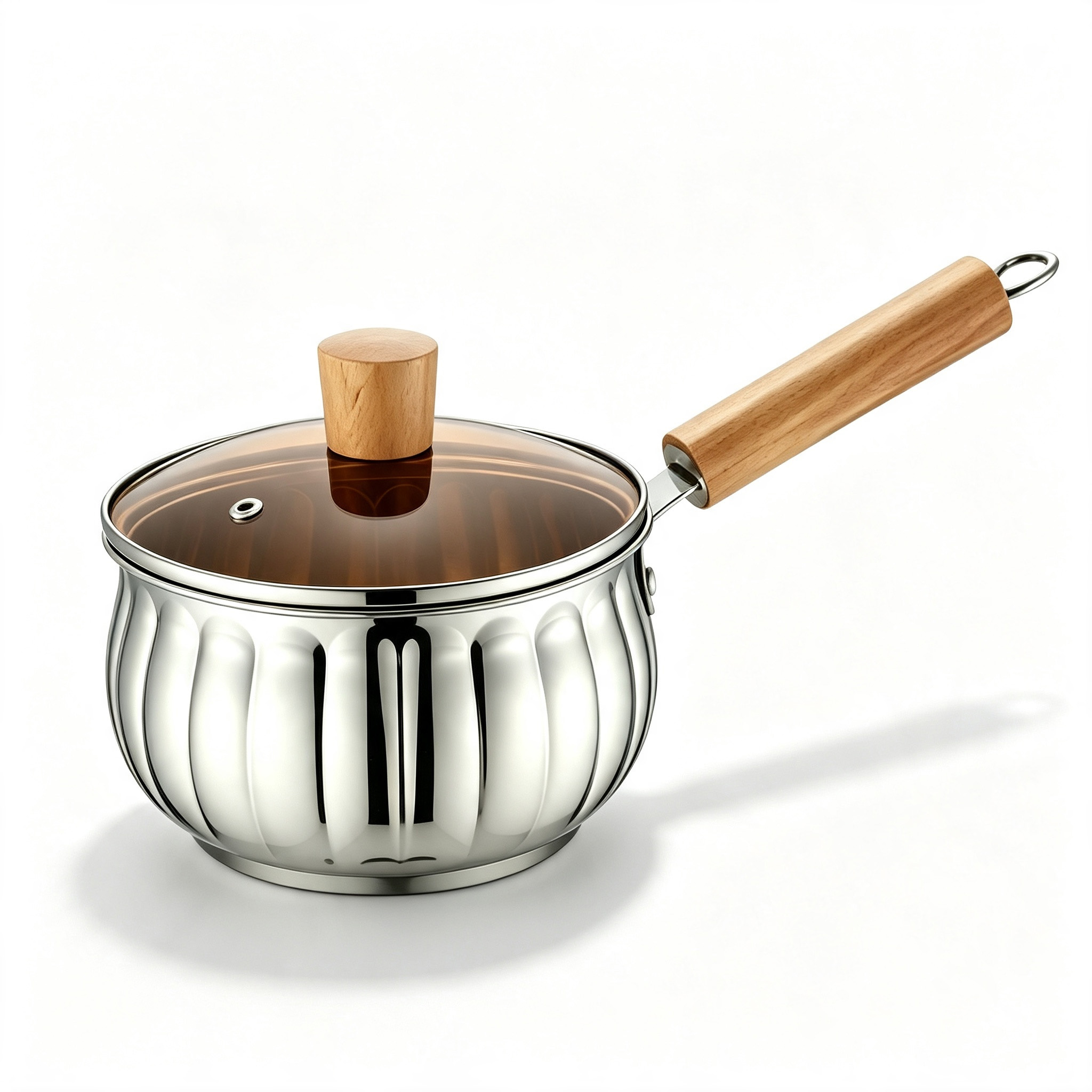 CGUCOOK Cross-border thickened stainless steel milk pot, pumpkin-shaped, heat-resistant wooden handle, home and travel thickened milk pot, instant noodle, complementary food, hot milk pot with lid, universal pot Item Picture