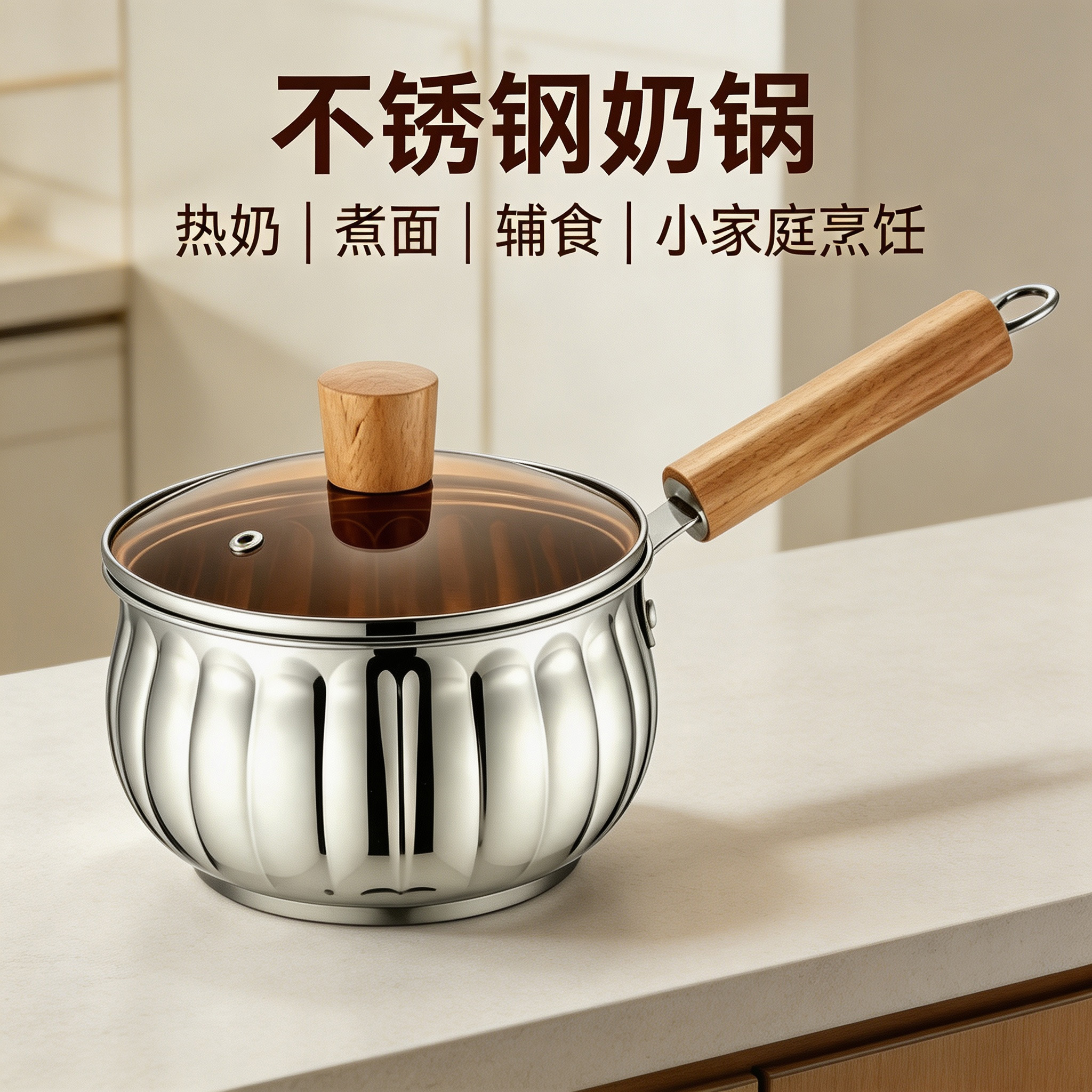 CGUCOOK Cross-border thickened stainless steel milk pot, pumpkin-shaped, heat-resistant wooden handle, home and travel thickened milk pot, instant noodle, complementary food, hot milk pot with lid, universal pot