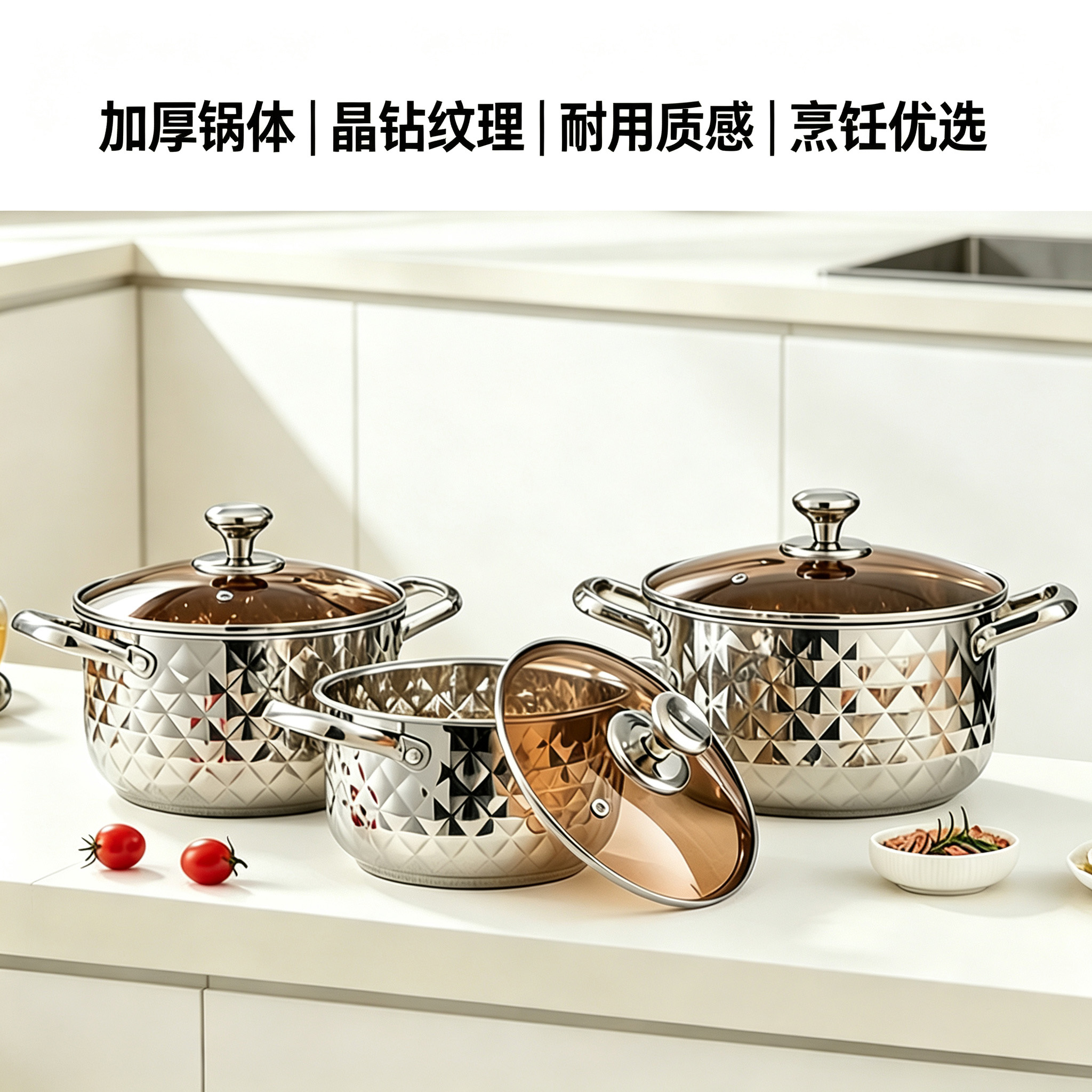CGUCOOK Cross-border Thickened stainless steel Diamond Pot 8-piece set, high appearance level rose gold diamond pot, household cooking pot and soup pot 20-26cm combination stainless steel pot set Application Scenario