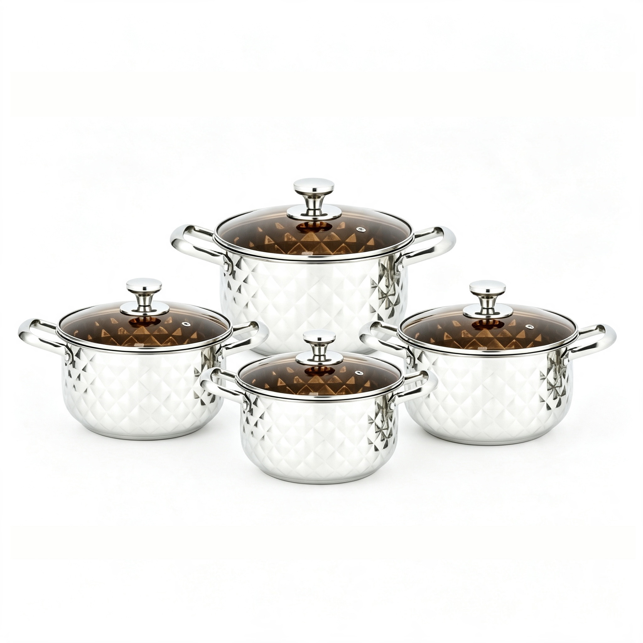 CGUCOOK Cross-border Thickened stainless steel Diamond Pot 8-piece set, high appearance level rose gold diamond pot, household cooking pot and soup pot 20-26cm combination stainless steel pot set Item Picture