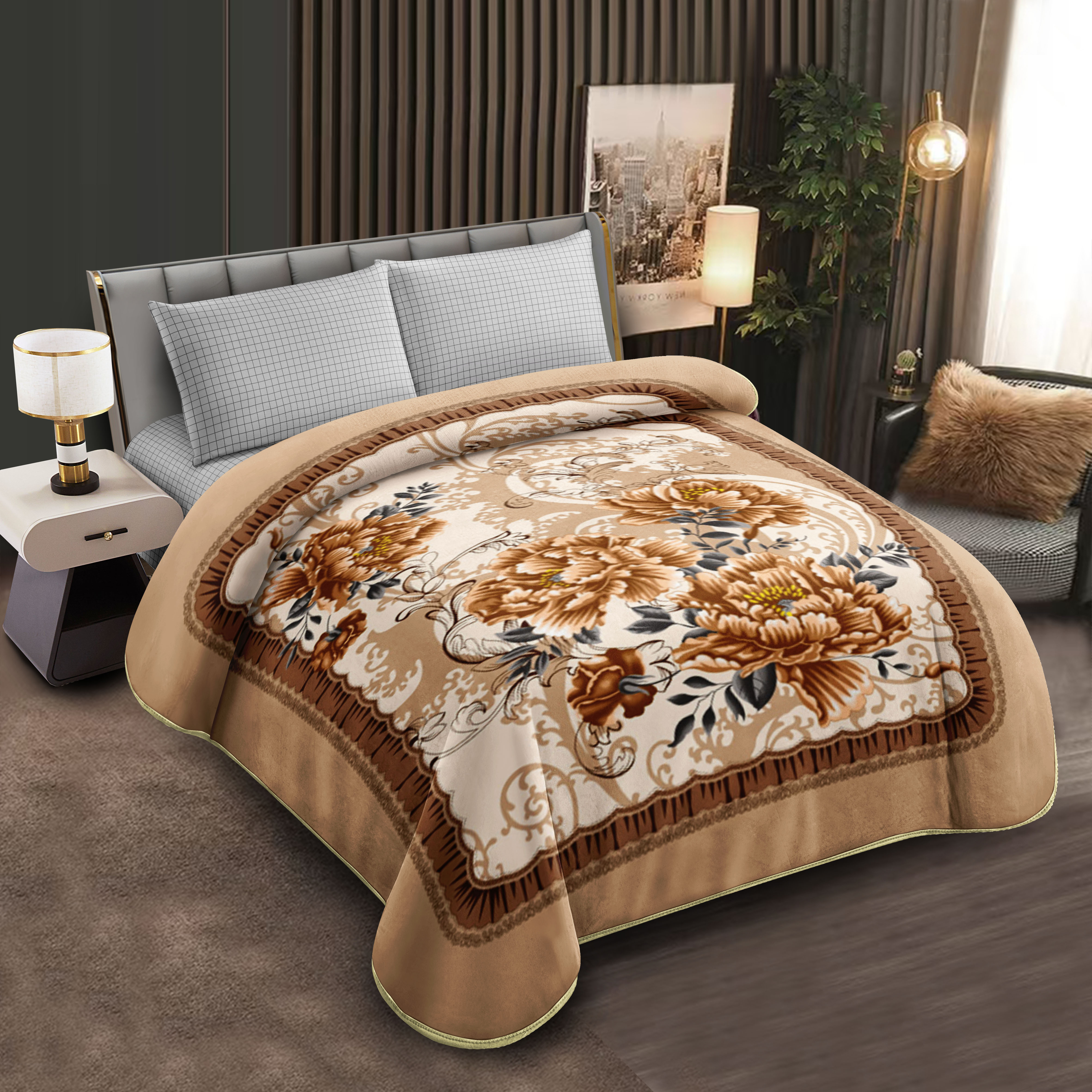 Middle East blanket export, foreign trade floral pattern Raschel blanket, cloud blanket, composite blanket wholesale, customization, large double size beige floral pattern soft blanket, warm cover blanket, home bed blanket, thick style for winter warmth details Picture