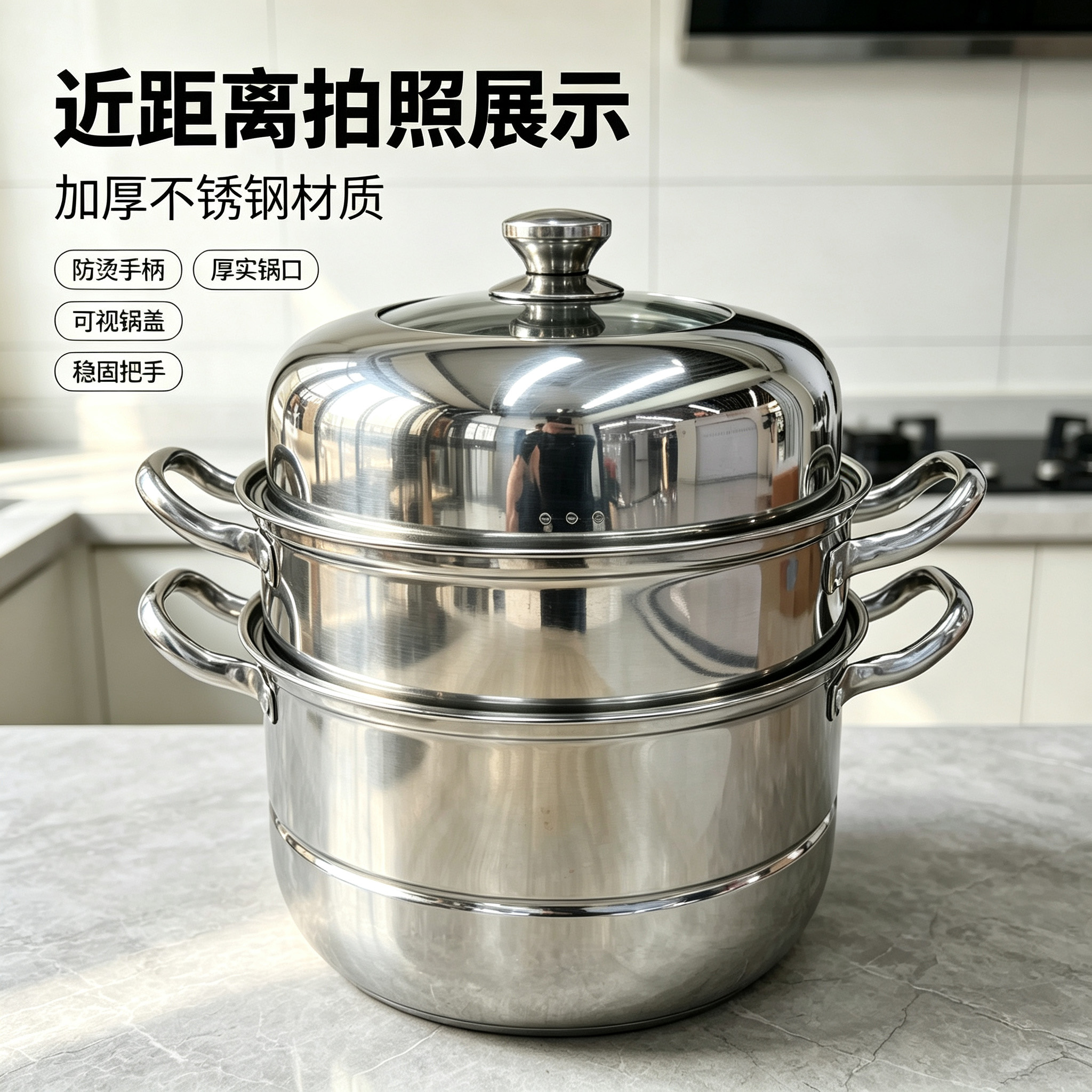 CGUCOOK acero inoxidable engrosado 3 capas steamer steamer grill combo cover back home steamer de gran capacidad acero inoxidable olla grande vista sartén de pescado al vapor estufa de inducción olla universal details Picture