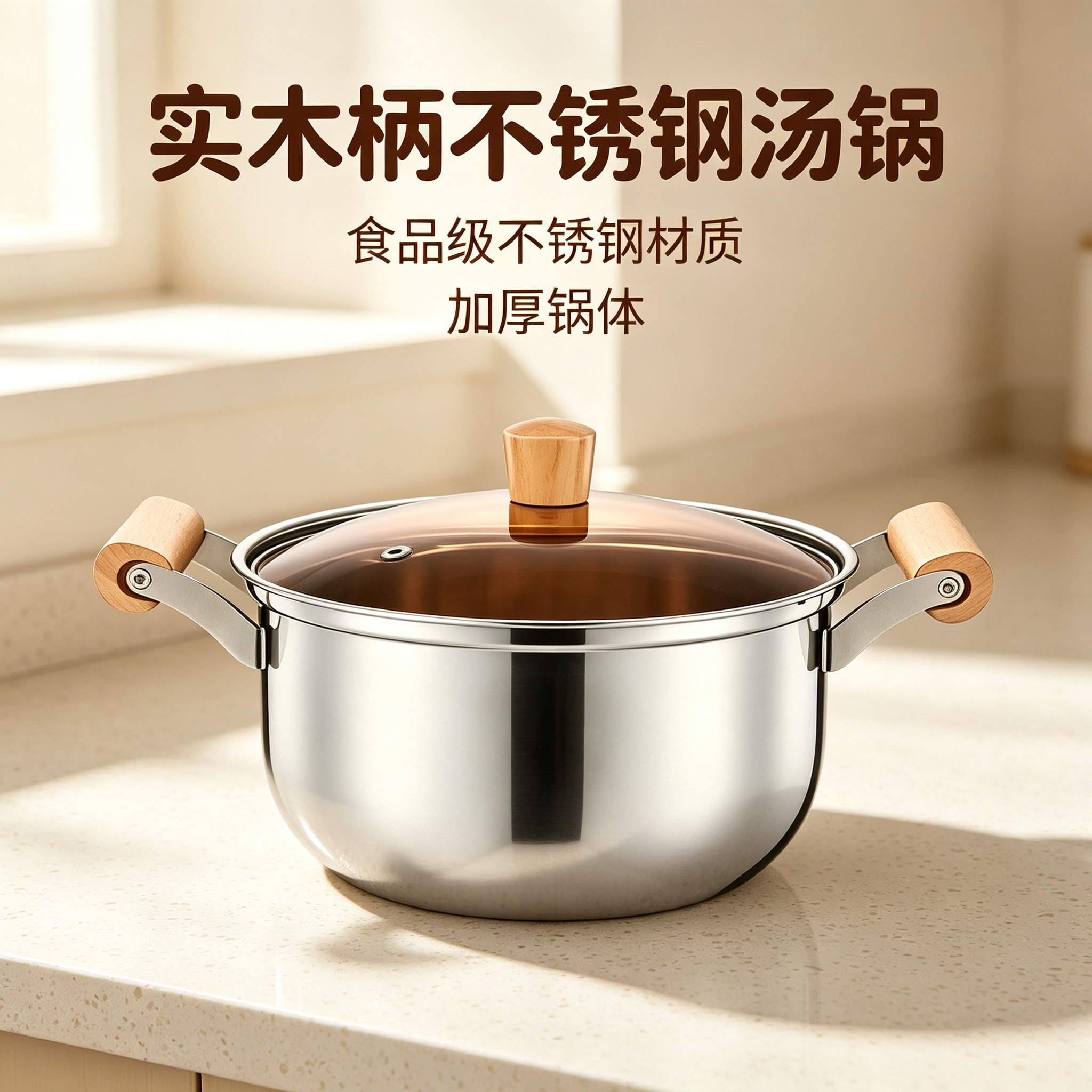 CGUCOOK con mango de madera sólida cacerola de acero inoxidable de grado alimenticio con mango de madera antiplanchado doméstico cacerola de ánforas engrosada cocina de inducción cocina de gas cacerola universal de acero inoxidable