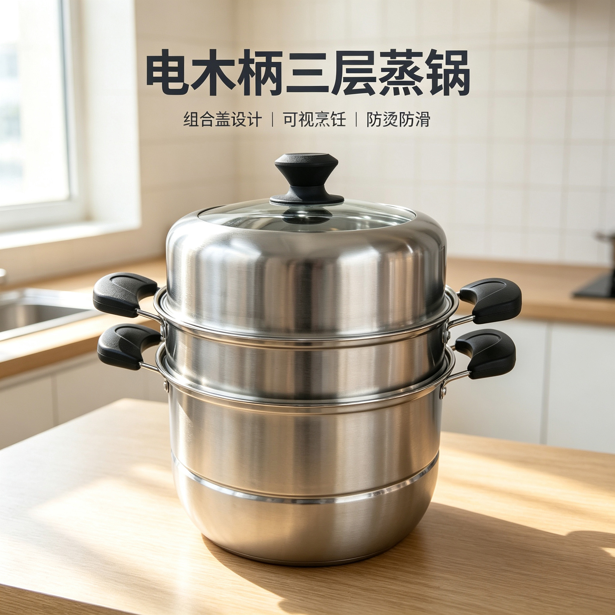 CGUCOOK stainless steel three-layer steamer rack combination cover, household thickened electric wood handle stainless steel steamer visible cover, large soup pot, steaming fish pot, induction cooker universal pot CGUCOOK stainless steel three-layer steamer rack combination cover, household thickened electric wood handle stainless steel steamer visible cover, large soup pot, steaming fish pot, induction cooker universal pot