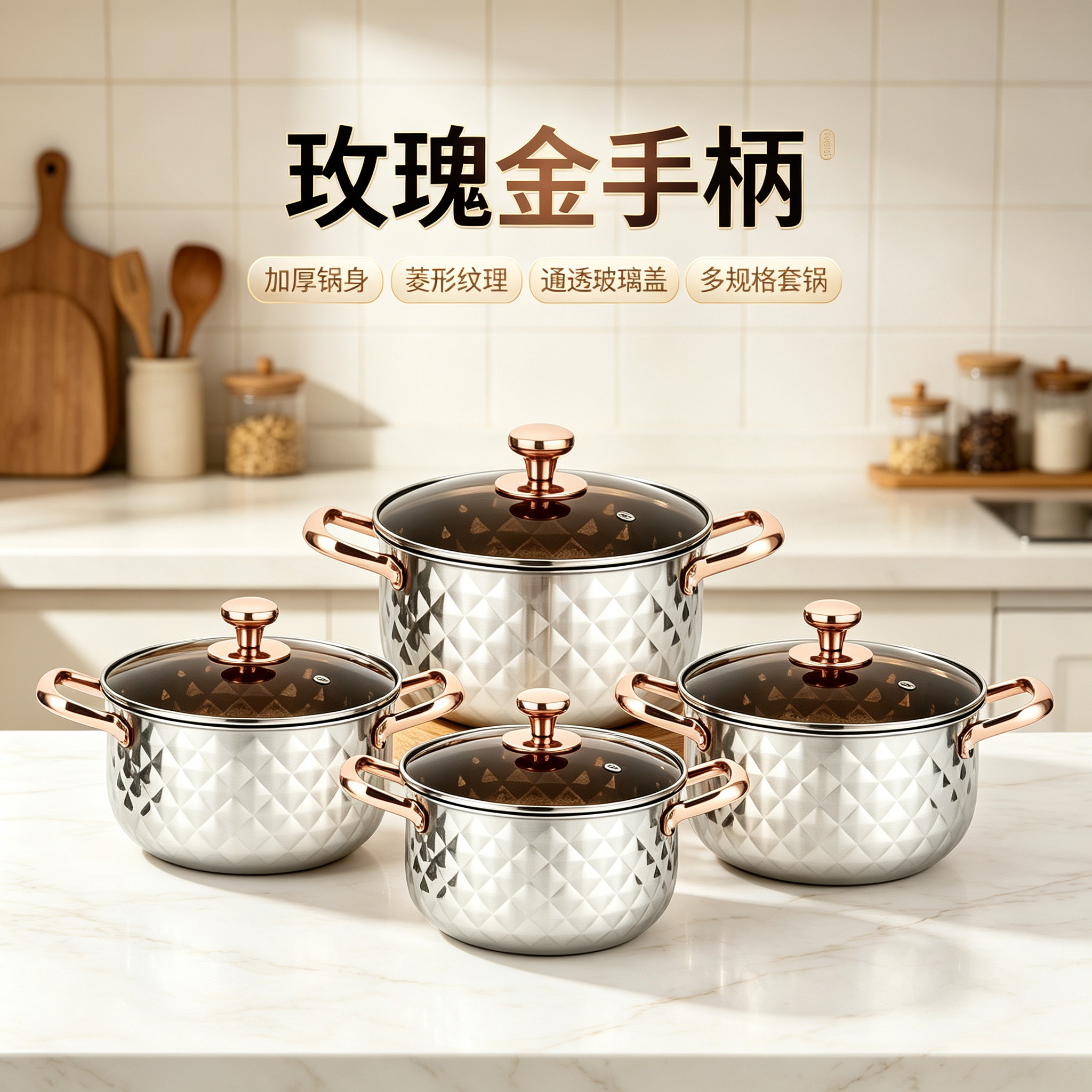 CGUCOOK Cross-border Thickened stainless steel Diamond Pot 8-piece set, high appearance level rose gold diamond pot, household cooking pot and soup pot 20-26cm combination stainless steel pot set Specification image