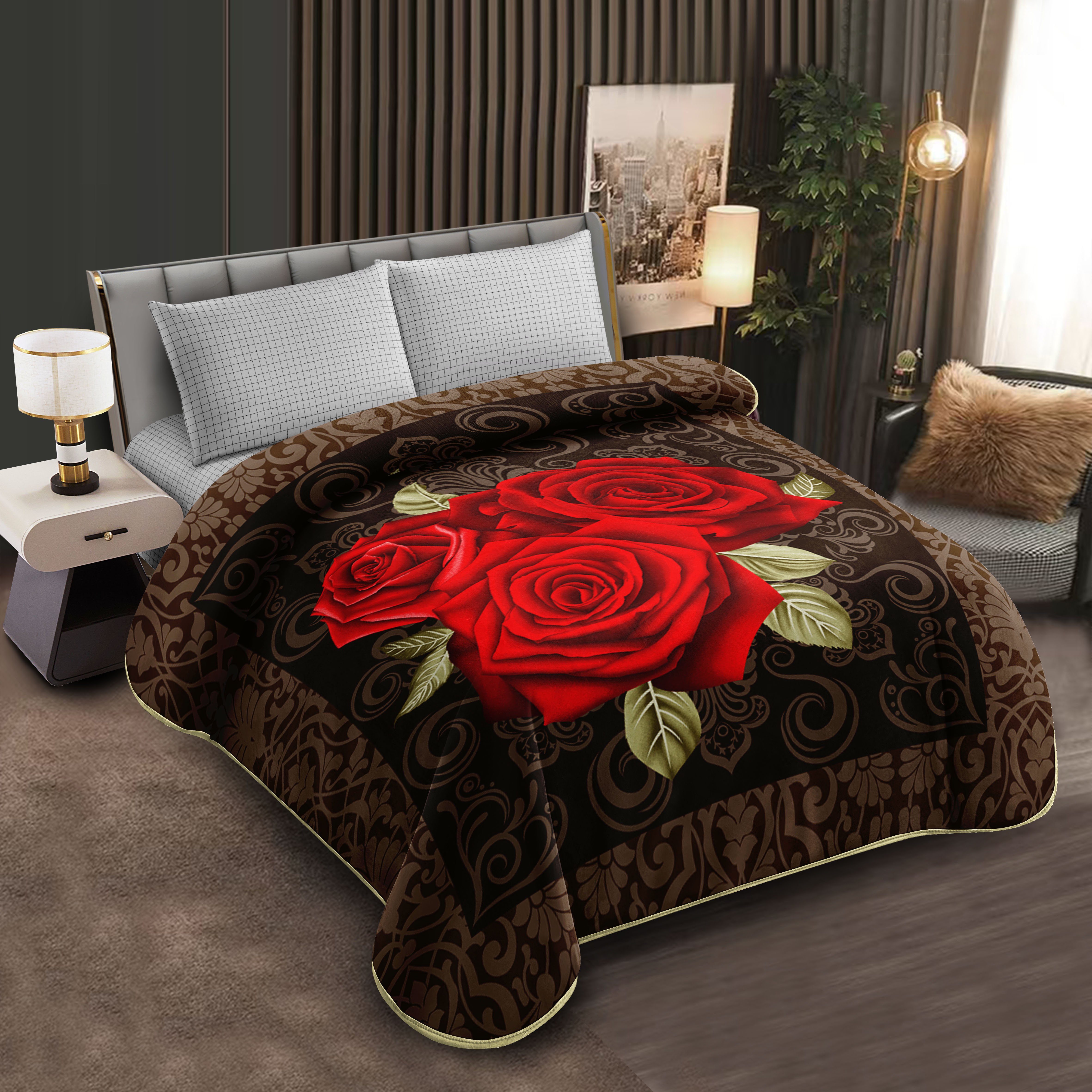 Middle East blanket export, foreign trade, floral pattern Raschel blanket, cloud blanket, composite blanket wholesale, customization, large double size, fashionable black rose pattern blanket, soft and warm, home bed blanket, cover blanket, winter essential Application Scenario
