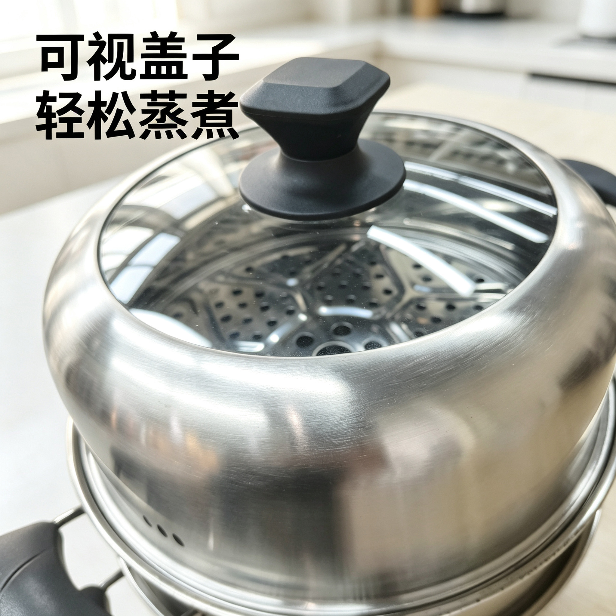 CGUCOOK stainless steel three-layer steamer rack combination cover, household thickened electric wood handle stainless steel steamer visible cover, large soup pot, steaming fish pot, induction cooker universal pot Specification image