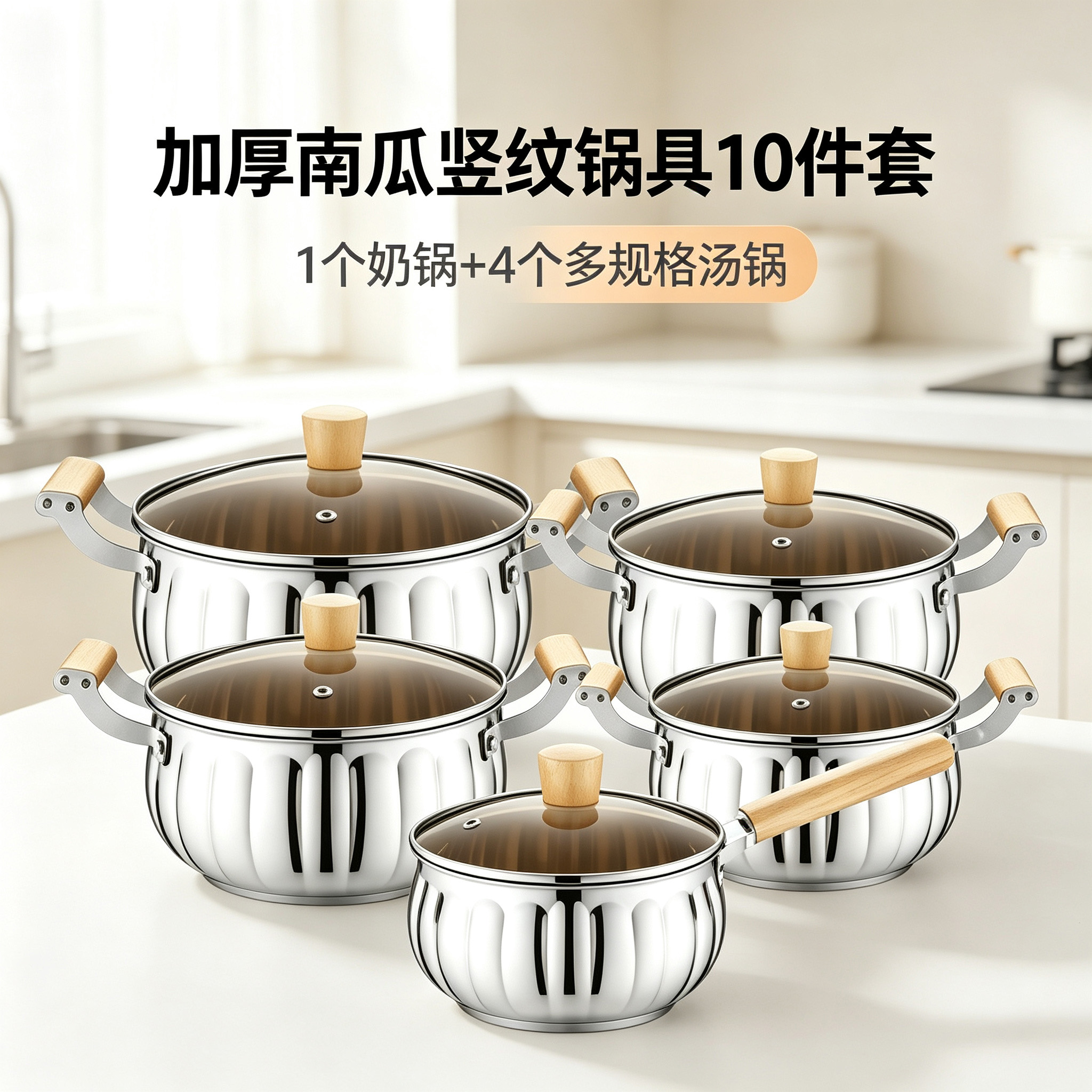 CGUCOOK Cross-border thickened stainless steel Pumpkin cookware 10-piece set, multi-combination milk pot and soup pot cooking cookware set, pumpkin-shaped heat-resistant wooden handle stainless steel pot set 18-26cm