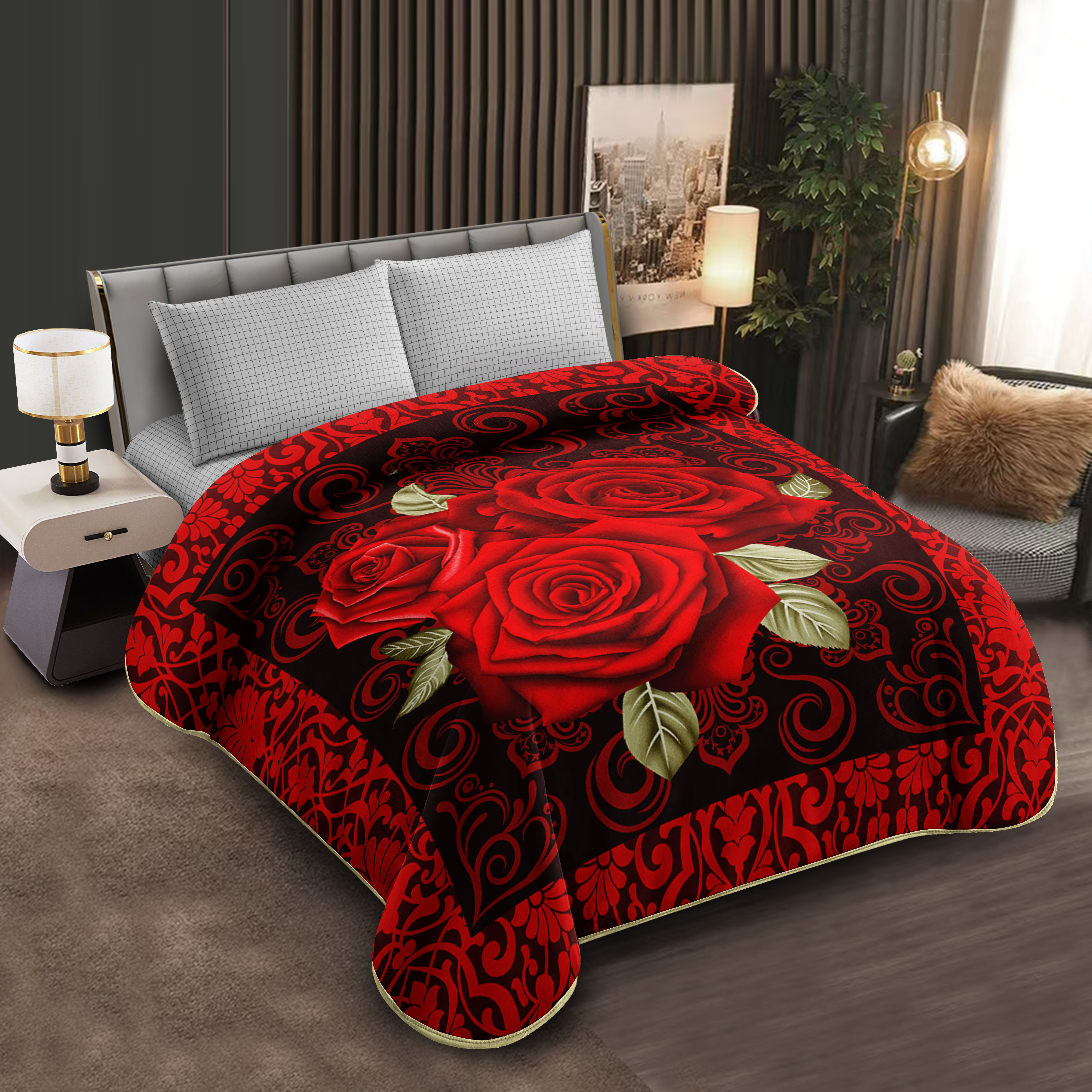 Middle East blanket export, foreign trade, floral pattern Raschel blanket, cloud blanket, composite blanket wholesale, customization, large double size, fashionable black rose pattern blanket, soft and warm, home bed blanket, cover blanket, winter essential details Picture