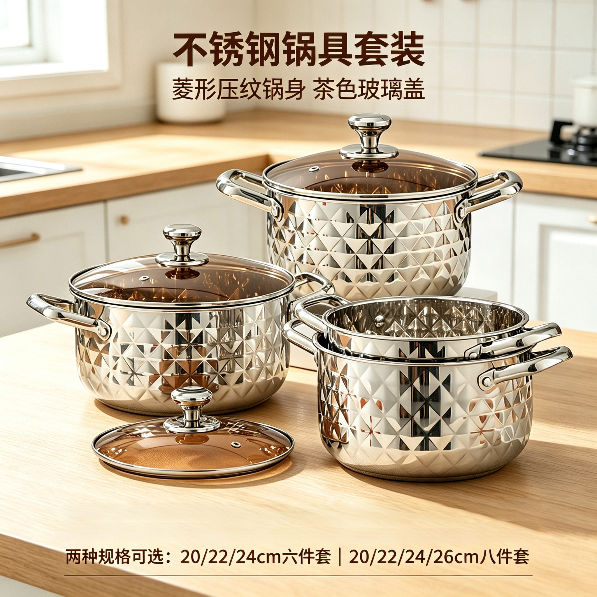 CGUCOOK Cross-border Thickened stainless steel Diamond Pot 8-piece set, high appearance level rose gold diamond pot, household cooking pot and soup pot 20-26cm combination stainless steel pot set details Picture