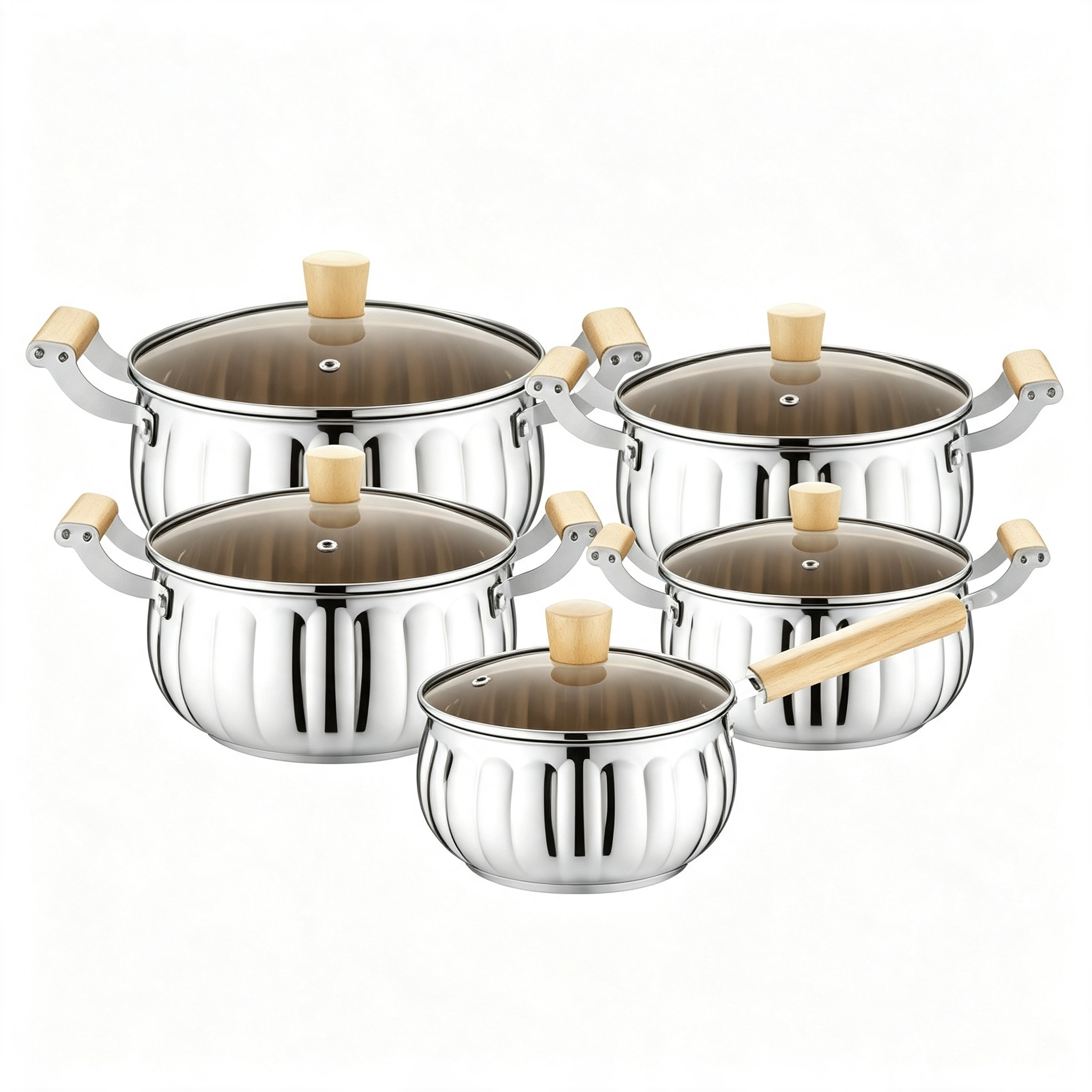 CGUCOOK cross border engrosado acero inoxidable calabaza pot set 10 piezas multi-combinación olla de crema olla de sopa conjunto de olla de cocina tipo calabaza antiplanchado mango de madera set de acero inoxidable pot 18-26cm Item Picture
