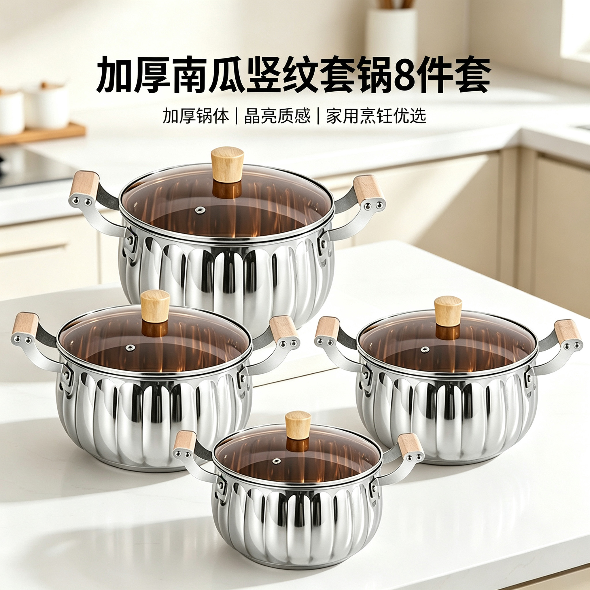 CGUCOOK跨境加厚不锈钢南瓜锅具8件套烹饪锅具套装防烫木柄南瓜型不锈钢汤锅20-26cm组合汤锅详情1