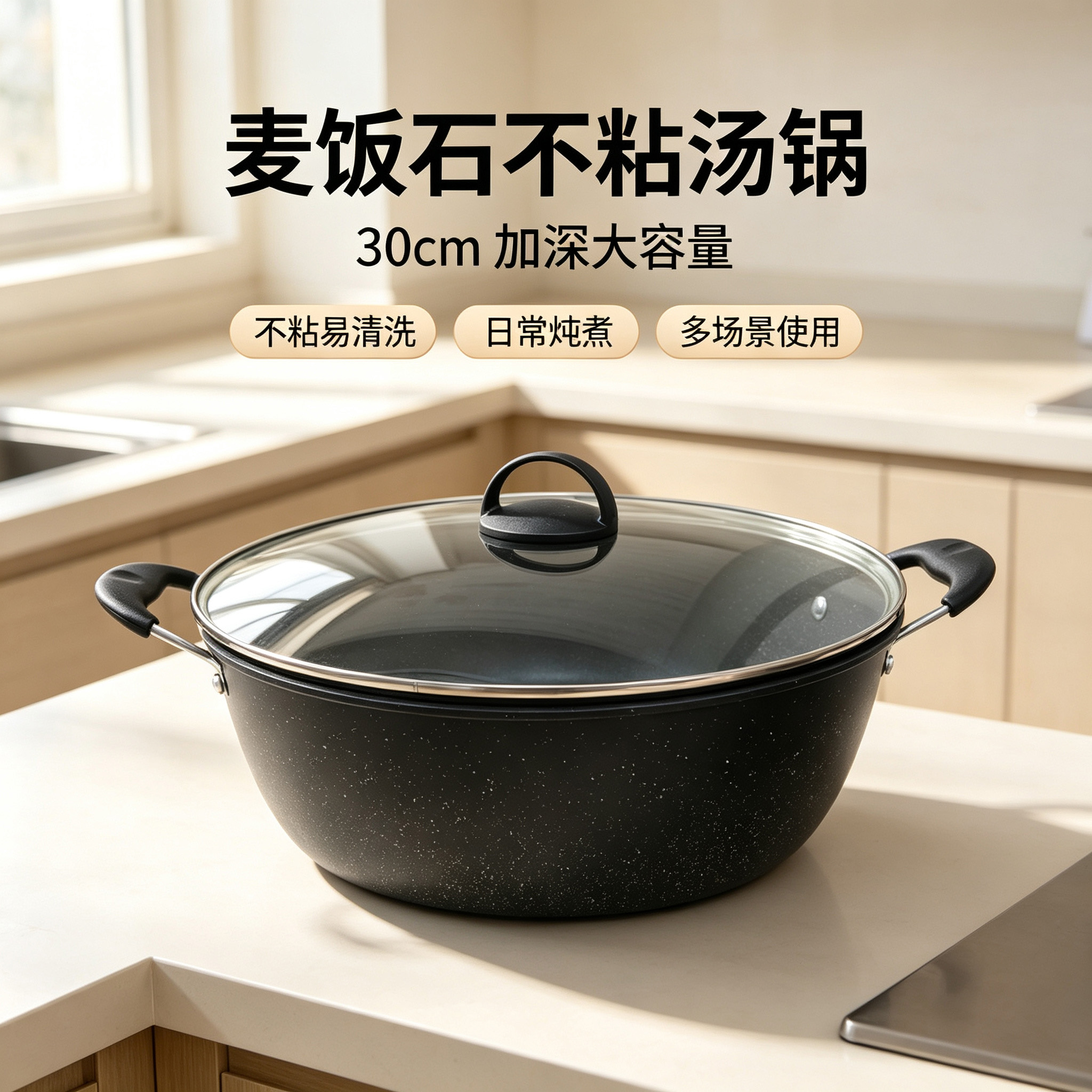 CGUCOOK piedra de arroz sartén antiadherente sartén antiadherente acero al carbono sartén de vapor sartén de cocina sartén de 30cm deeping gran capacidad bisaural white star sartén de inducción de gas universal