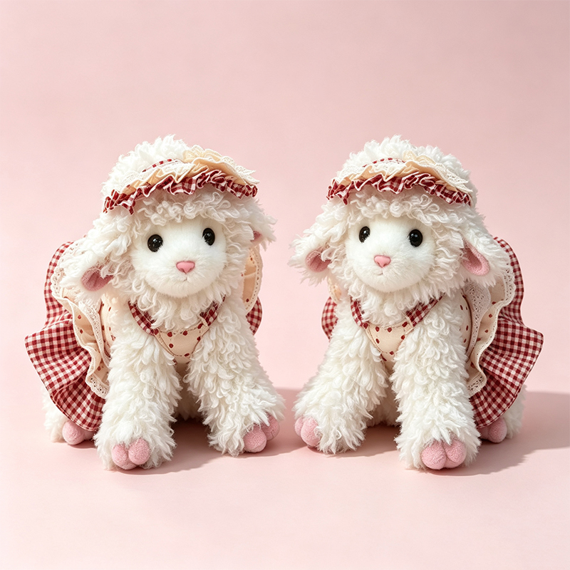 Suave moe peluche lolita muñeca de regalo para niños juguetes pacifistas comercio exterior al por mayor ropa animal blanco rizado muñeca de oveja vestido rojo y blanco tartan con sombrero de encaje muñeca de tela linda regalo para niños