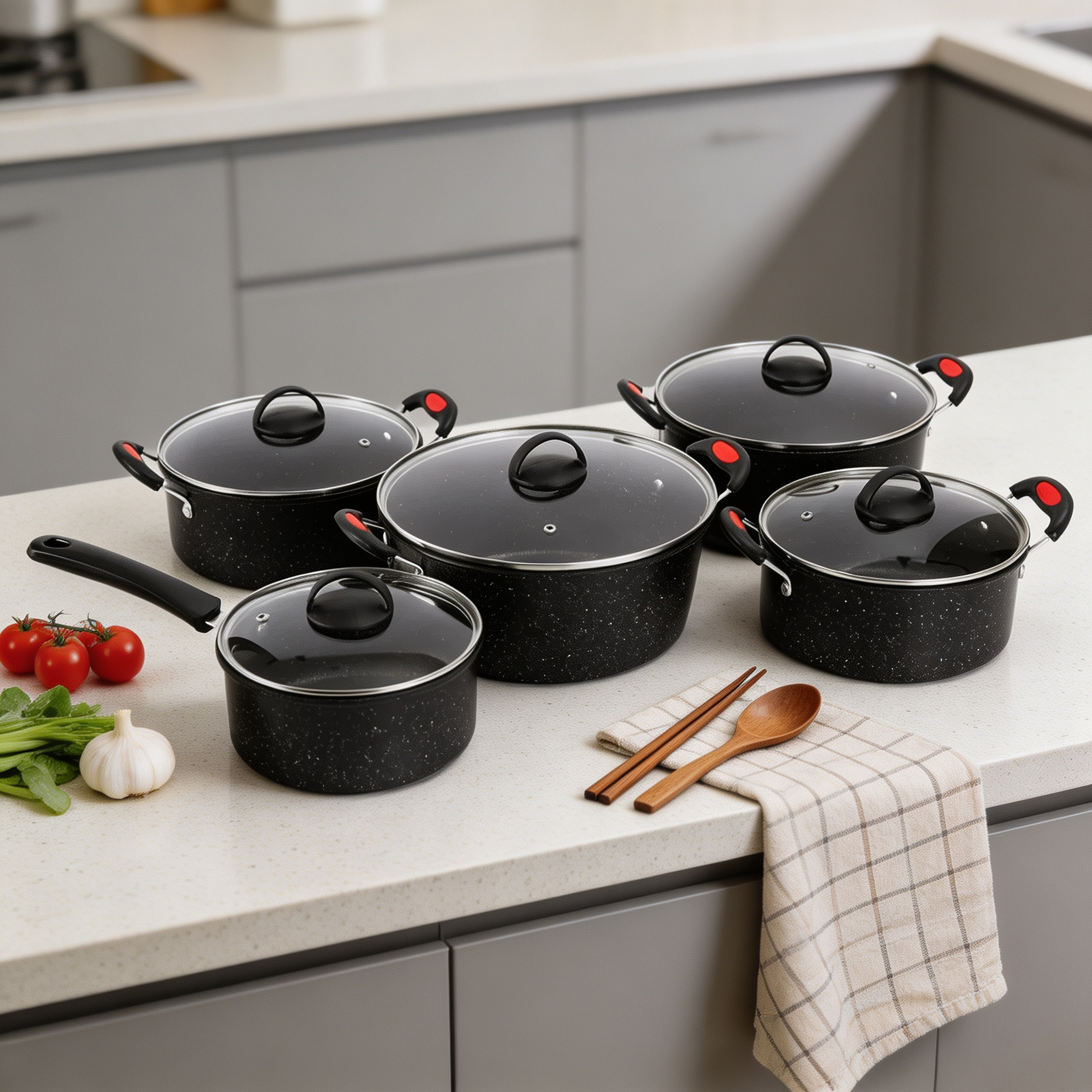 CGUCOOK Cross-border tourmaline Non-stick Pan 10-piece set, heat-resistant electric wooden handle milk pot, non-stick pure Black double-ear soup pot, household pot set, 18-26cm Specification image