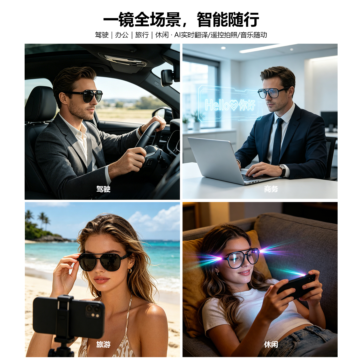 The GM-82 smart glasses paired with transparent glass cups and a white desktop create a simple office and casual combination details Picture