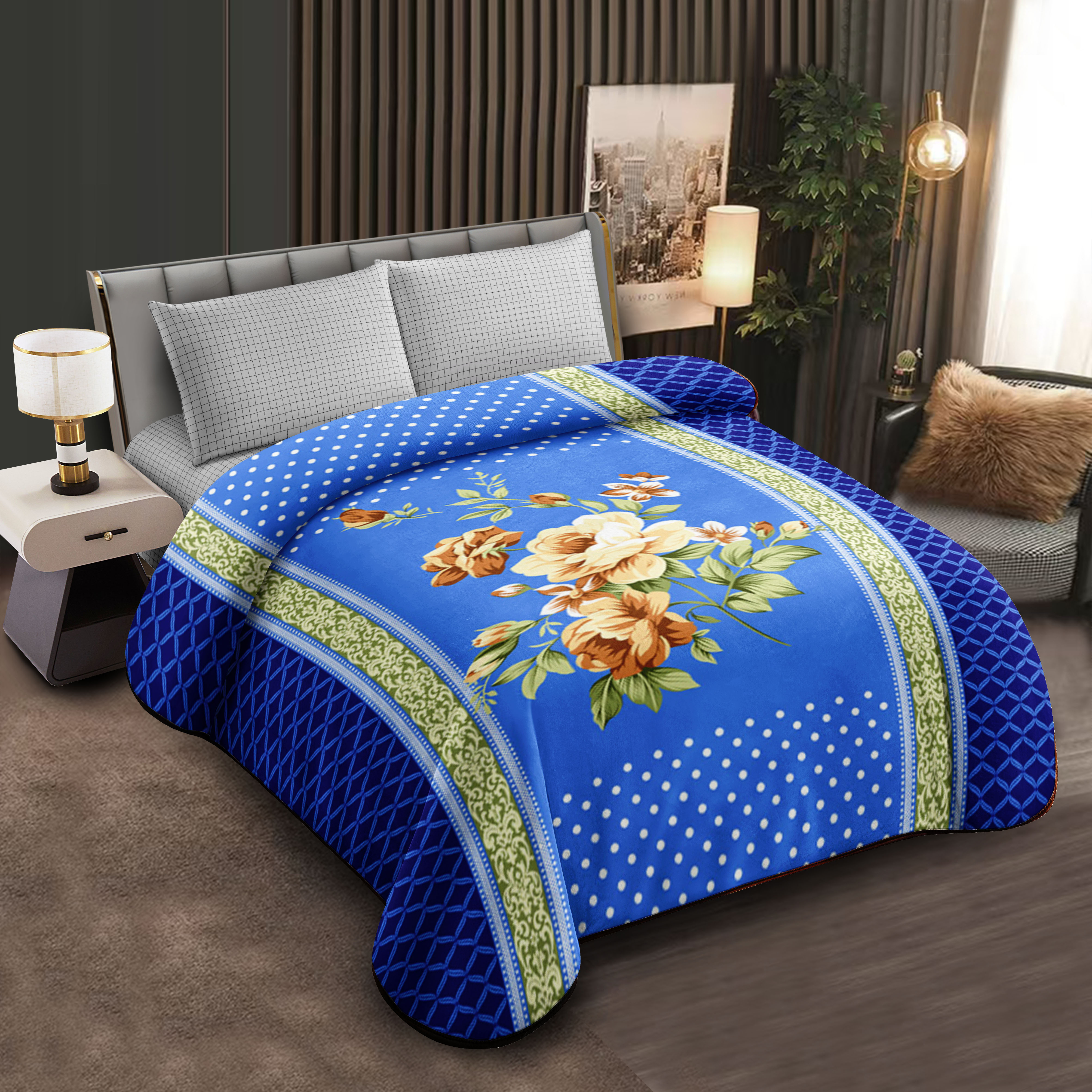 Middle East blanket export, wholesale and customization of flower-patterned Raschel blankets, cloud blankets, composite blankets, large double-sized blue flower-patterned bedding sets, wedding room decoration bed sheets, quilt sets, crinoline, Lolita hotel fabric