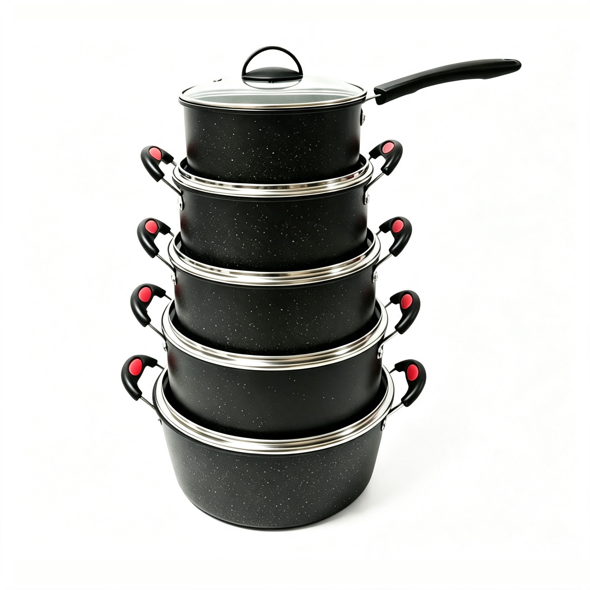 CGUCOOK Cross-border tourmaline Non-stick Pan 10-piece set, heat-resistant electric wooden handle milk pot, non-stick pure Black double-ear soup pot, household pot set, 18-26cm Item Picture