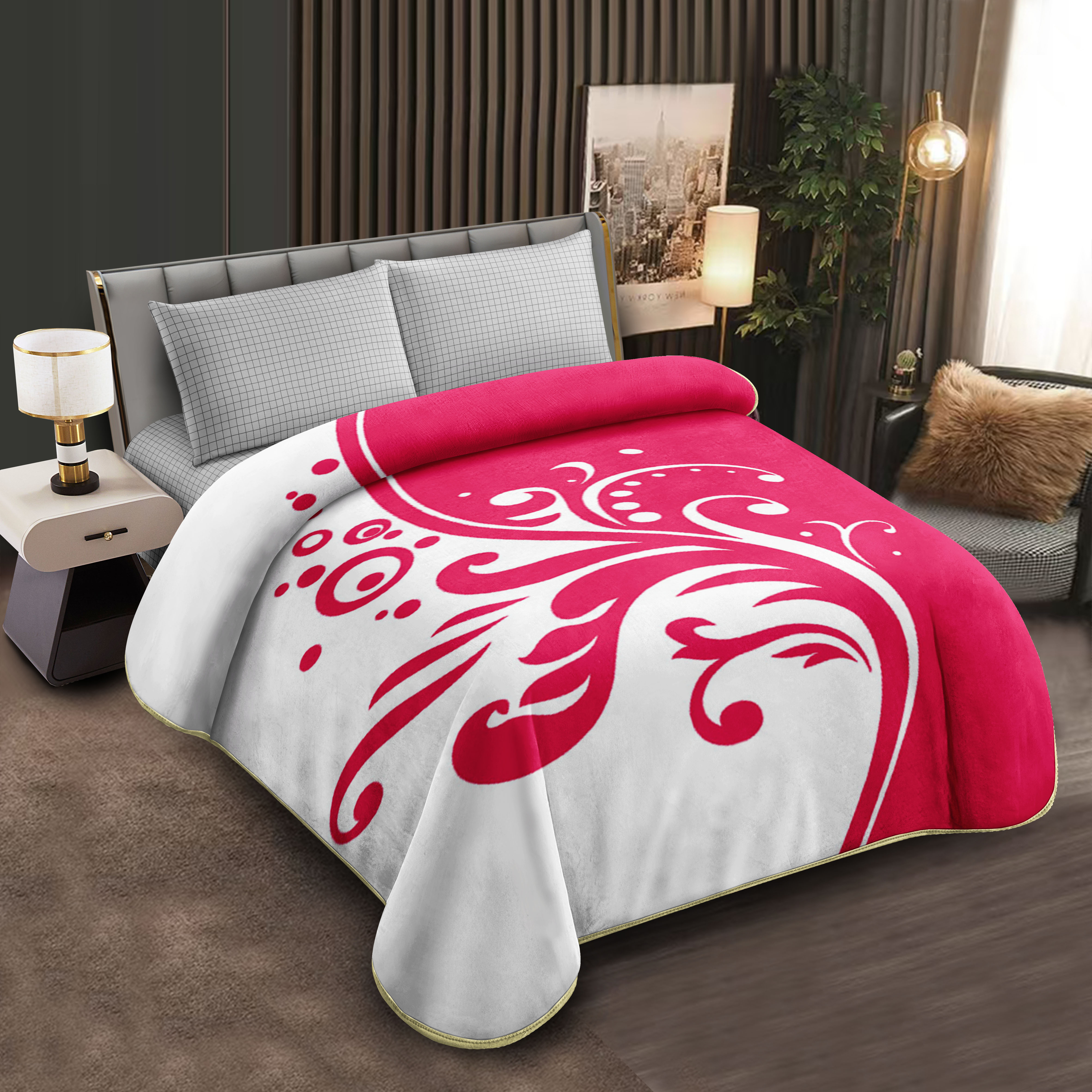 Middle East blanket export, foreign trade, floral pattern, Lashel blanket, cloud blanket, composite blanket wholesale, customization, large double size, multi-color pattern warm blanket, soft and comfortable, home cover blanket, winter essential, red and white style Specification image