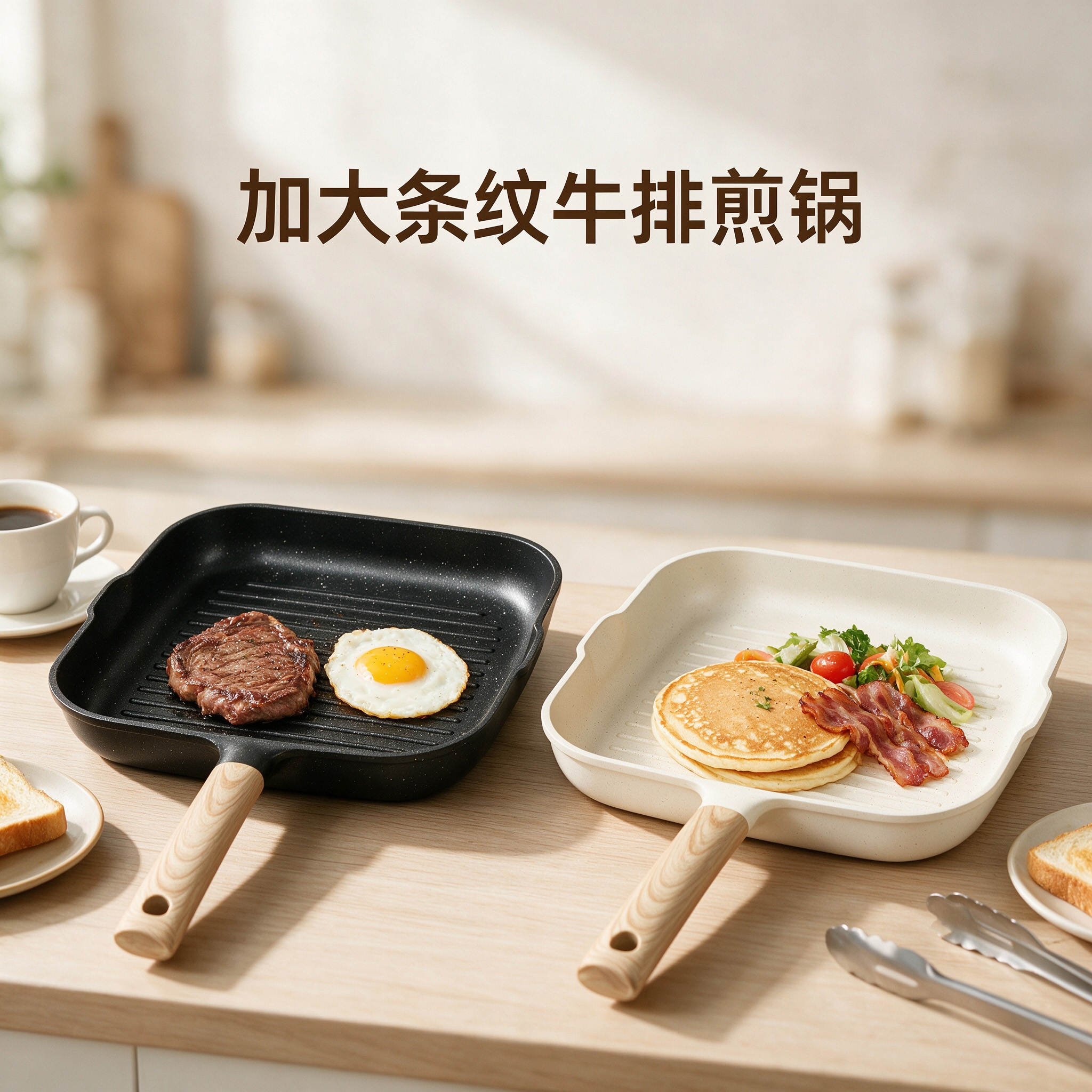 CGUCOOK Large steak frying pan, tourmaline non-stick pan, household egg and steak frying, wooden-handled aluminum pan, multi-functional breakfast induction cooker, flat pan, frying plate