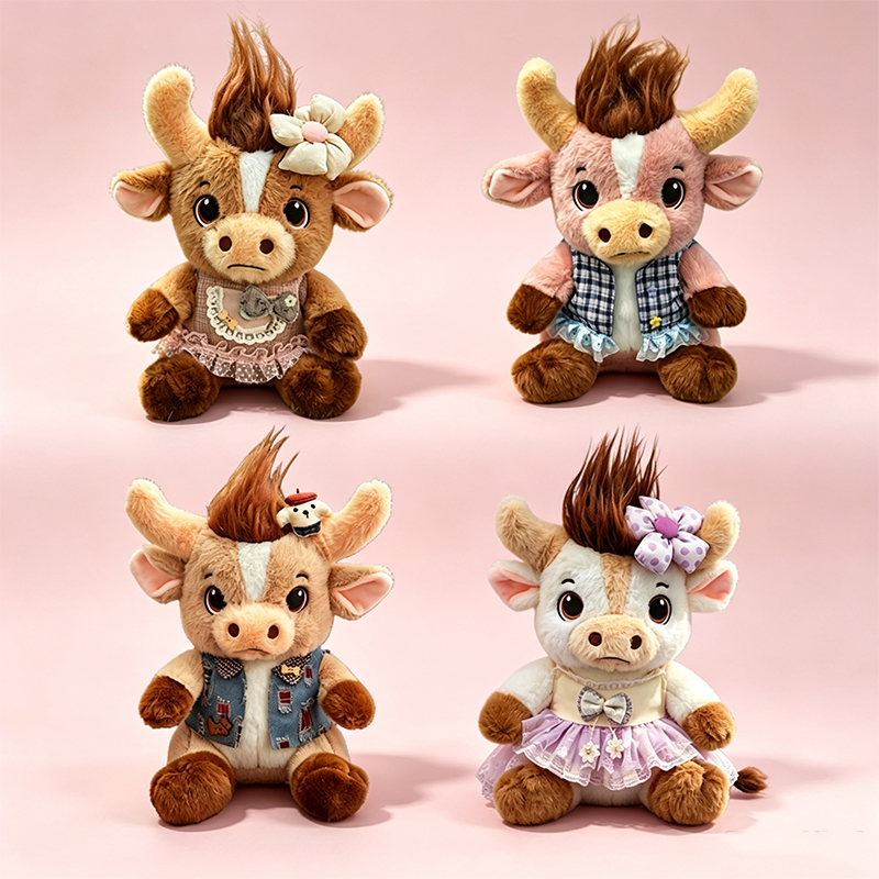 Transfronterizo nuevo año de vaca juguetes de peluche venchuan recuerdos muñecas de dibujos animados lindos comercio exterior puede al por mayor niños brown peluche muñecas de vaca usar flores adornos de pelo encaje a cuadros delantal sentarse en flores hierba muñecas de peluche lindos