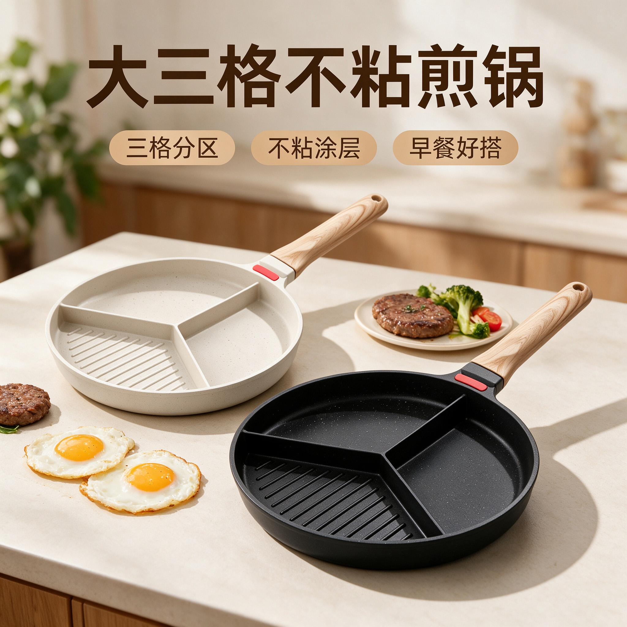 CGUCOOK Three-compartment non-stick frying pan, three-in-one frying plate, multi-functional flat pan, aluminum flat pan, non-stick pan, egg frying pan, steak separation, striped non-stick pan