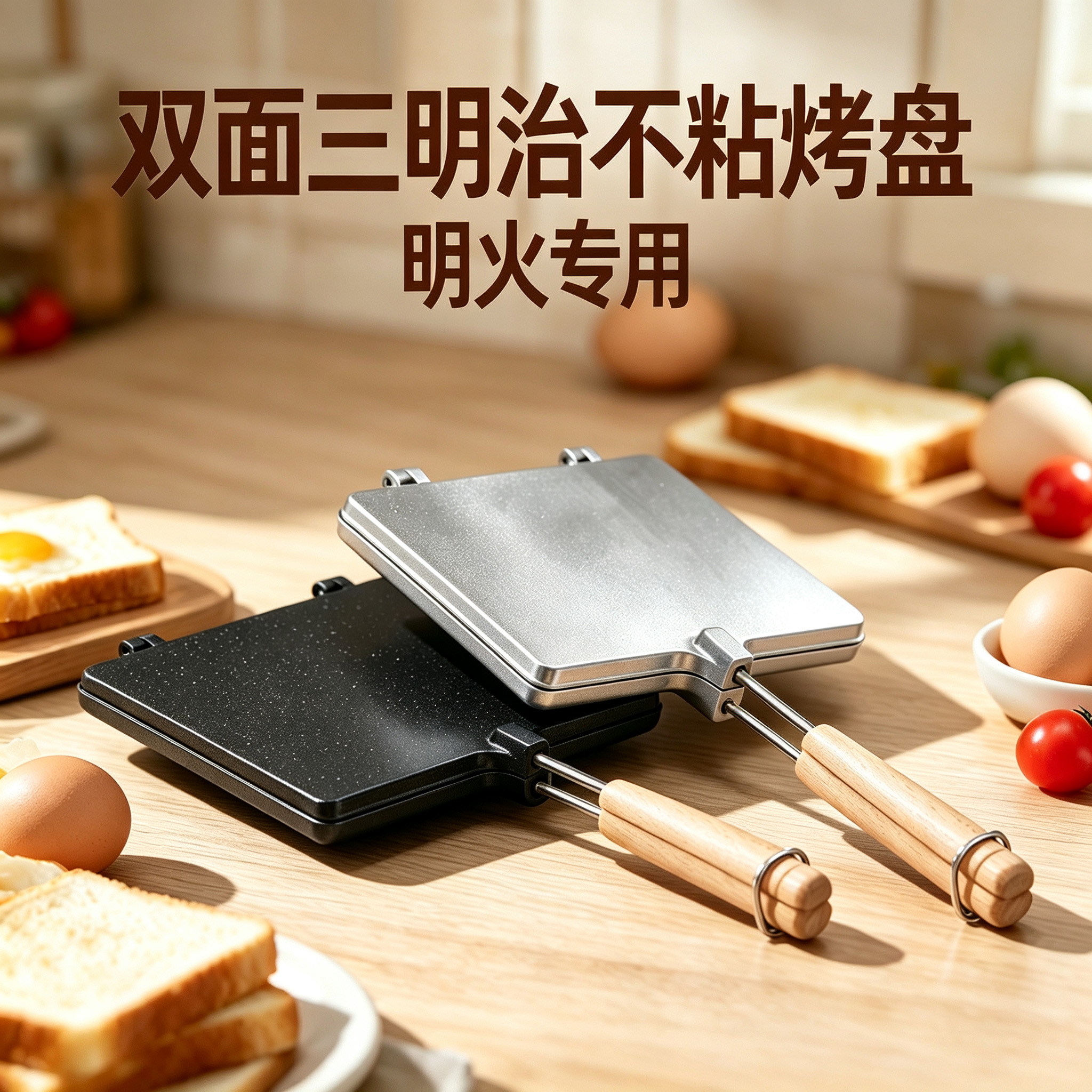 CGUCOOK Double-sided sandwich Non-stick baking tray, household toast sandwich baking tray, detachable double-sided breakfast frying pan, multi-functional steak and bread frying pan, special for open flame