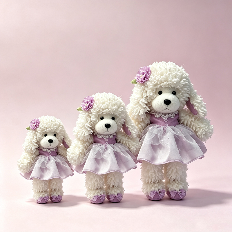 Lindo perro rizado blanco muñeca tres vestido morado juguete de peluche regalo para niños nuevo estilo varios
