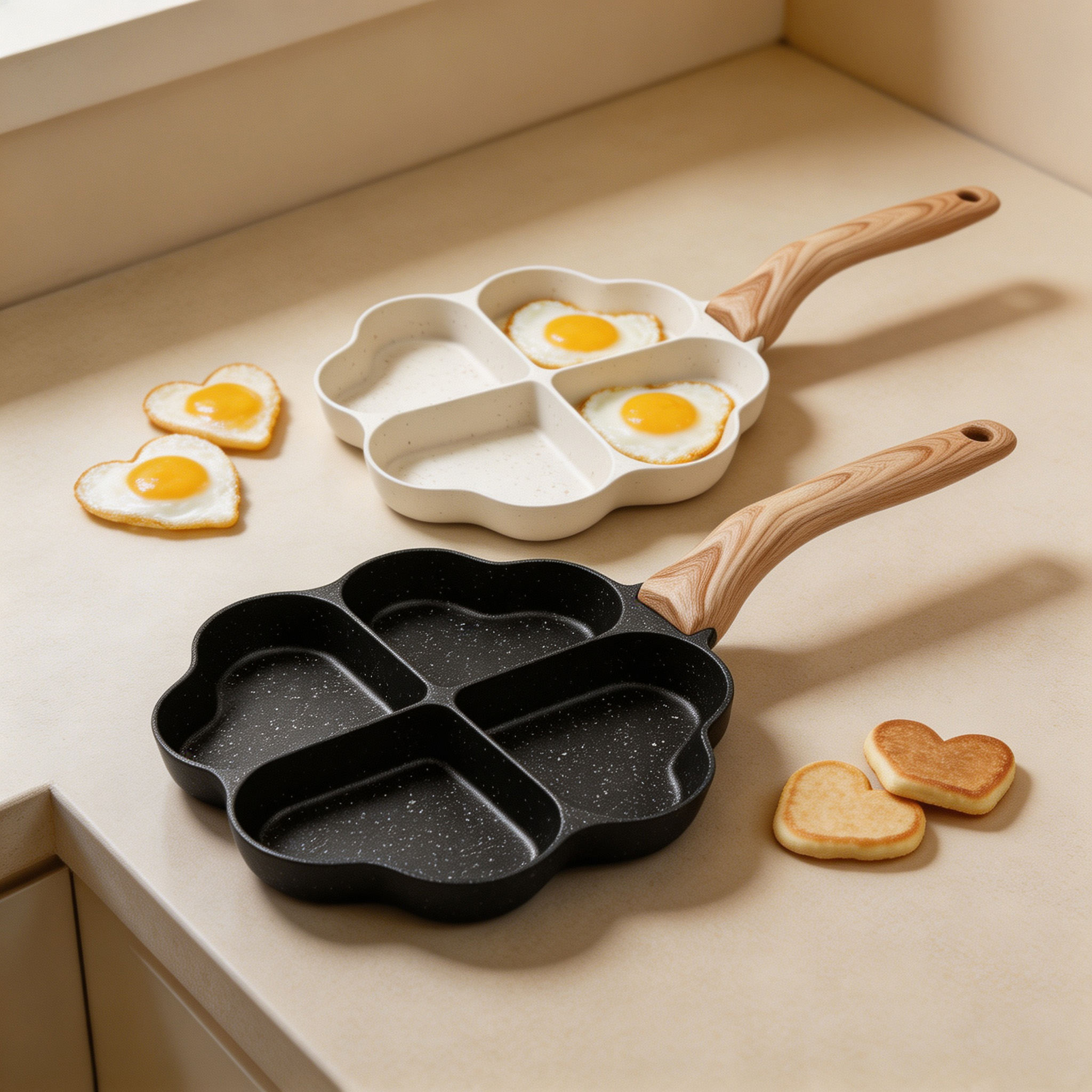 CGUCOOK Four-hole heart-shaped Non-stick Frying pan, household tourmaline breakfast pan, mini fried egg flat non-stick egg dumpling pan, hamburger fried egg pan, heart-shaped four-hole frying plate details Picture