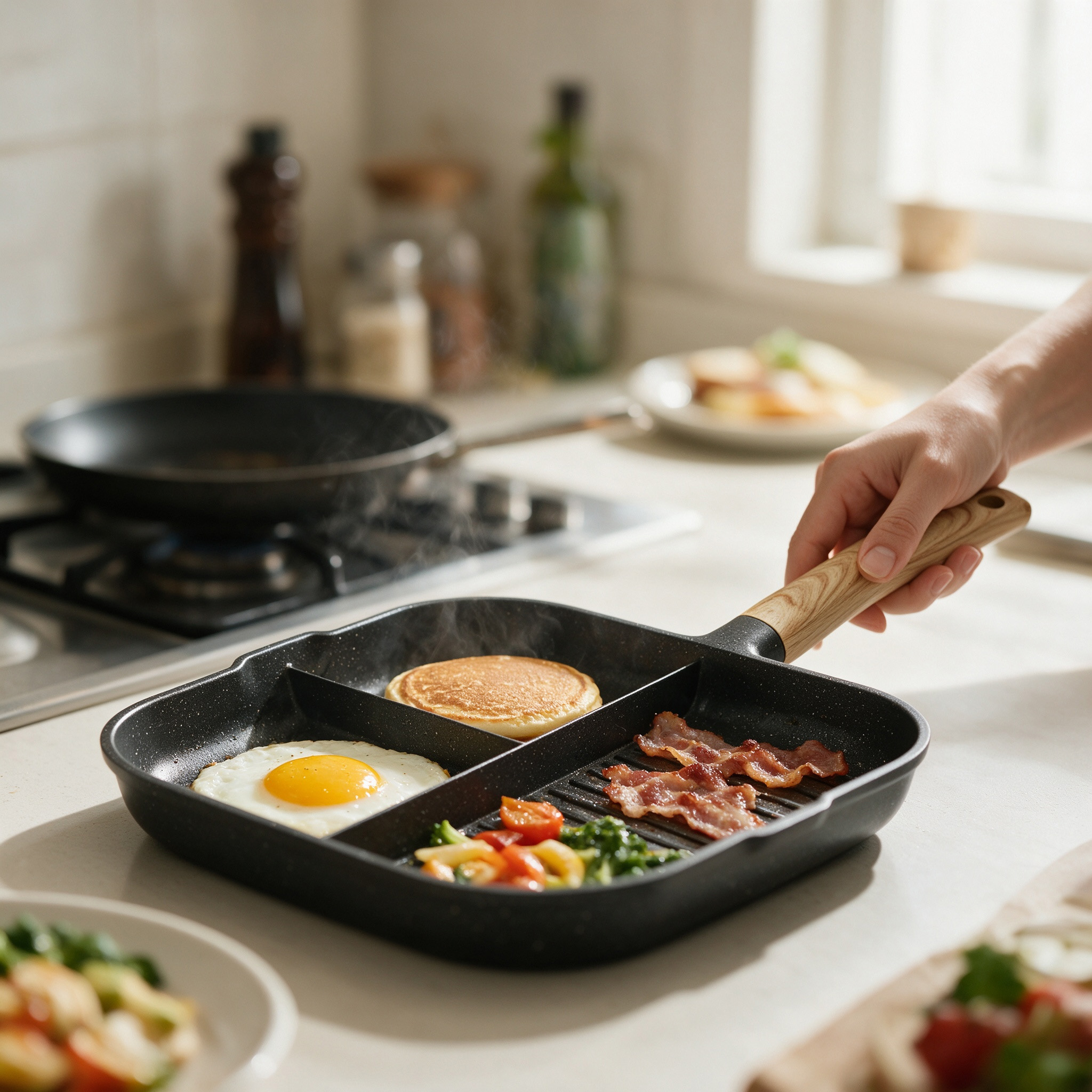 CGUCOOK large-sized multi-functional non-stick frying pan, tourmaline non-stick pan, household egg and steak frying pan, wooden handle frying pan, aluminum pan, multi-functional breakfast induction cooker, flat pan Application Scenario