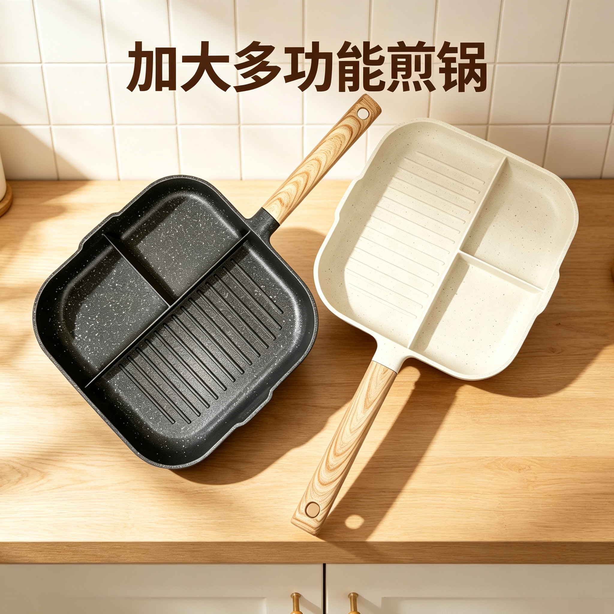 CGUCOOK large-sized multi-functional non-stick frying pan, tourmaline non-stick pan, household egg and steak frying pan, wooden handle frying pan, aluminum pan, multi-functional breakfast induction cooker, flat pan