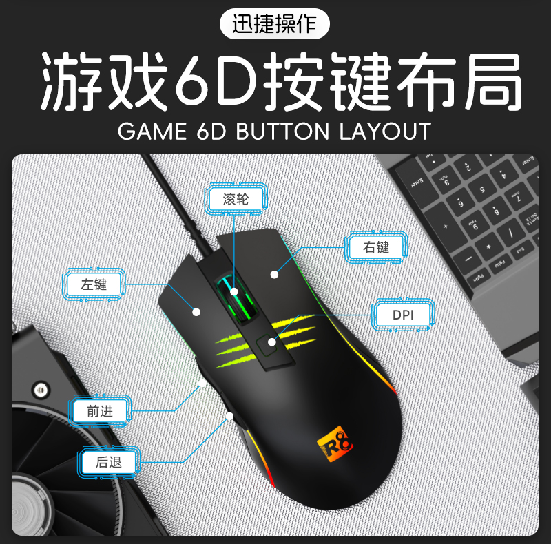 R8, черно-белый игровой костюм мыши, бесстрашный договорный профессиональный спортивный аксессуар pic 2
