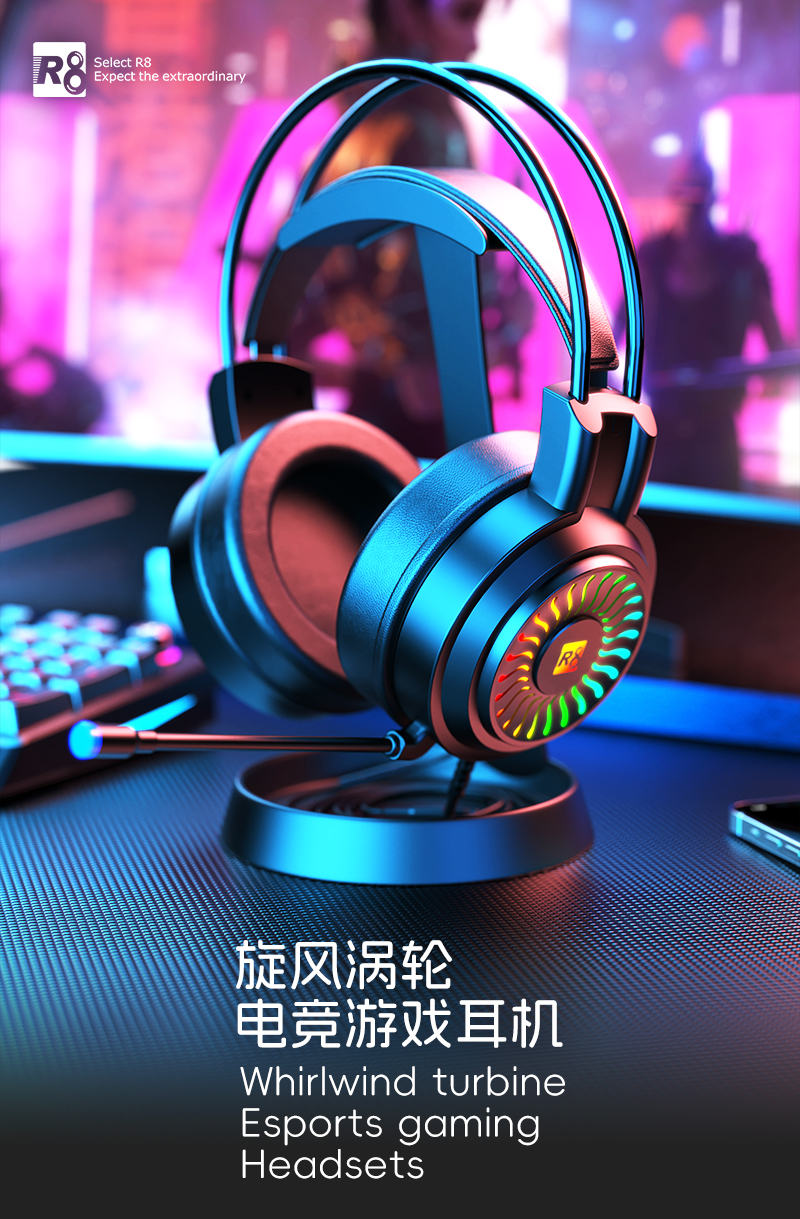 R8 RGB light-emitting gaming headphones are specially designed for gaming, featuring a bass headset with a microphone and dazzling lights for comfortable wearing pic 2