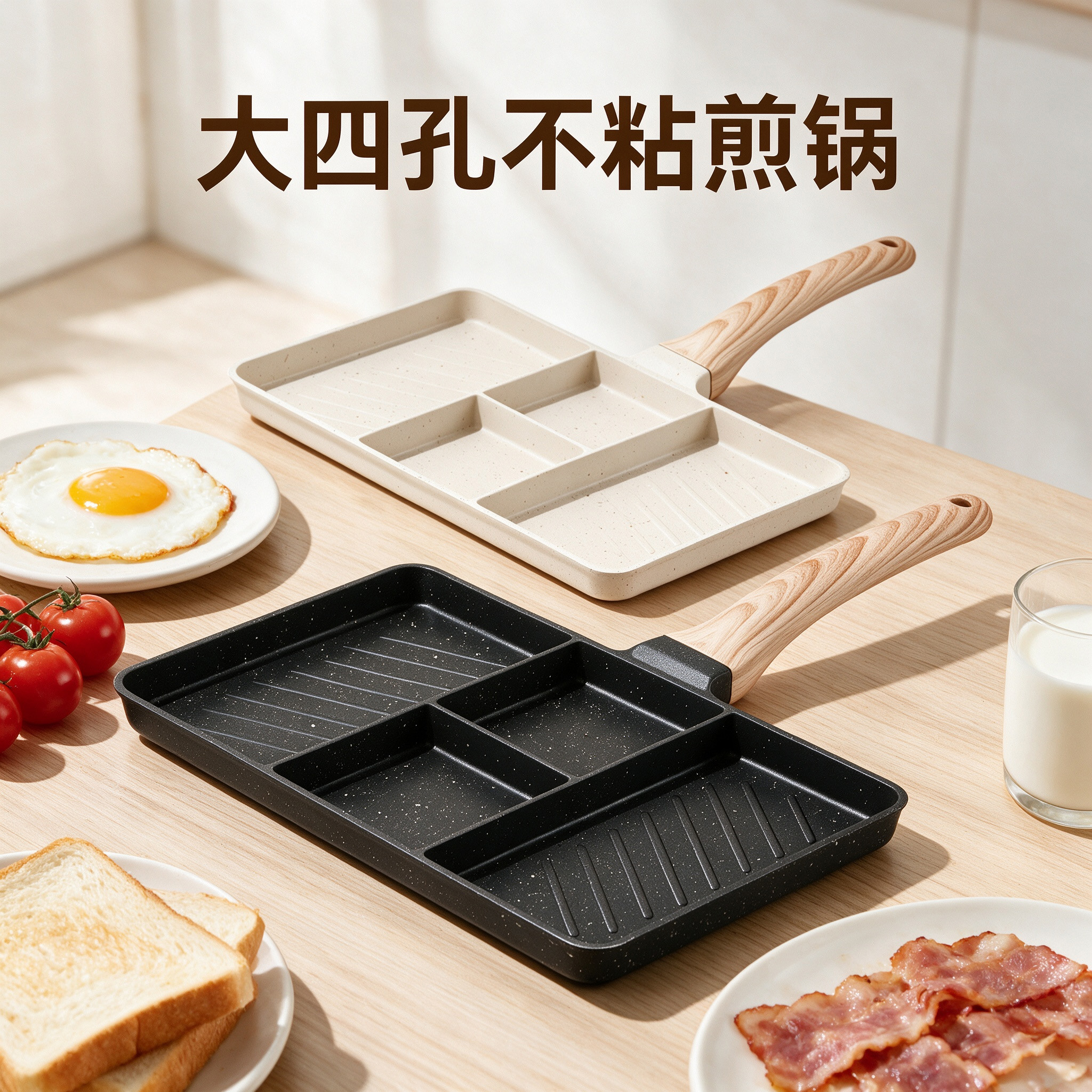CGUCOOK大四孔不粘煎锅不粘铝锅麦饭石平底锅家用早餐锅分格煎蛋锅煎牛排多功能煎锅详情1