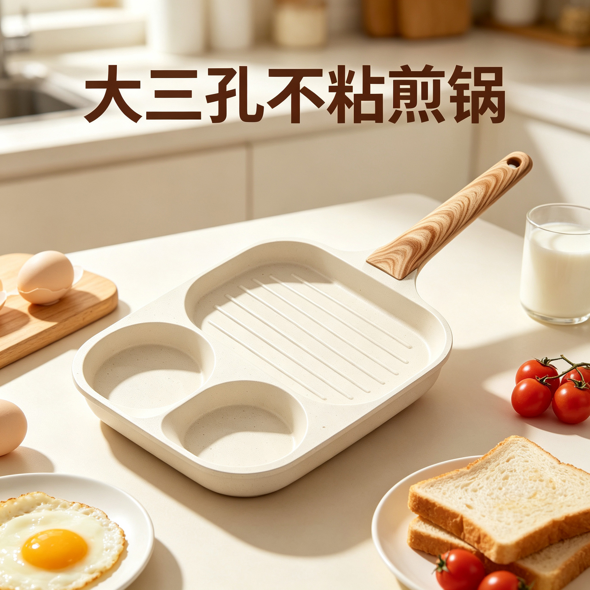 CGUCOOK Three-hole non-stick frying pan, tourmaline three-hole breakfast aluminum pan, fried egg, hamburger, striped steak, non-stick pan, household flat pan, induction cooker universal frying plate