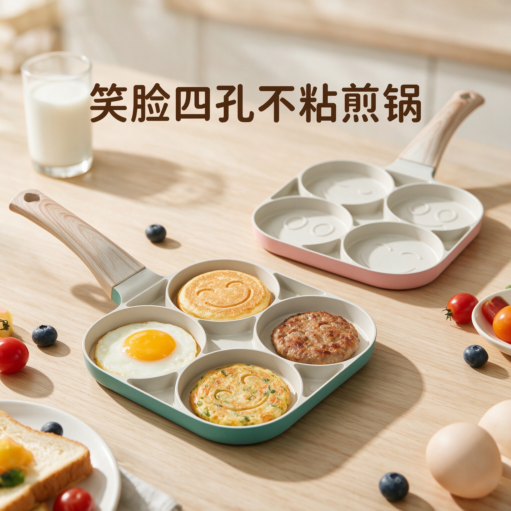 CGUCOOK Smiley Four-hole Non-stick frying pan with Pattern, home breakfast non-stick frying pan, tourmaline aluminum pan, non-stick flat pan for egg dumplings and hamburgers