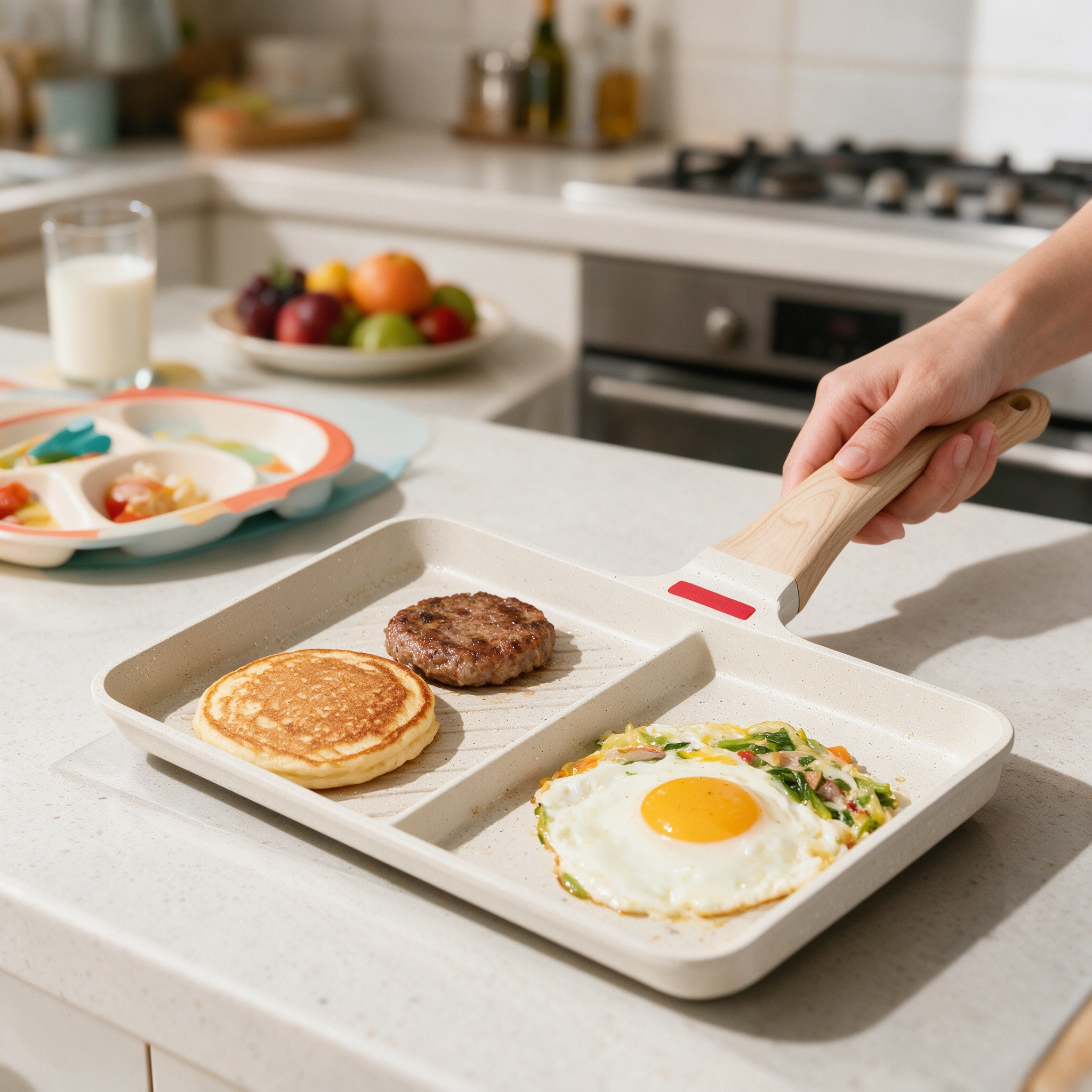 CGUCOOK Double-compartment non-stick frying pan, multi-functional steak frying pan for home kitchen, malted stone aluminum pan, compartments breakfast pan, flat pan, egg frying pan, non-stick pancake Specification image
