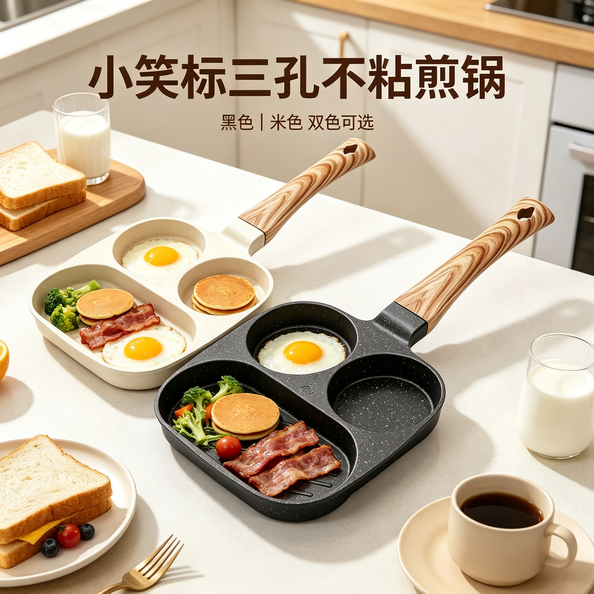CGUCOOK三孔不粘煎锅小笑脸标汉堡早餐煎锅不粘锅煎饼煎蛋条纹煎牛排平底锅家用烤肠烤盘详情1