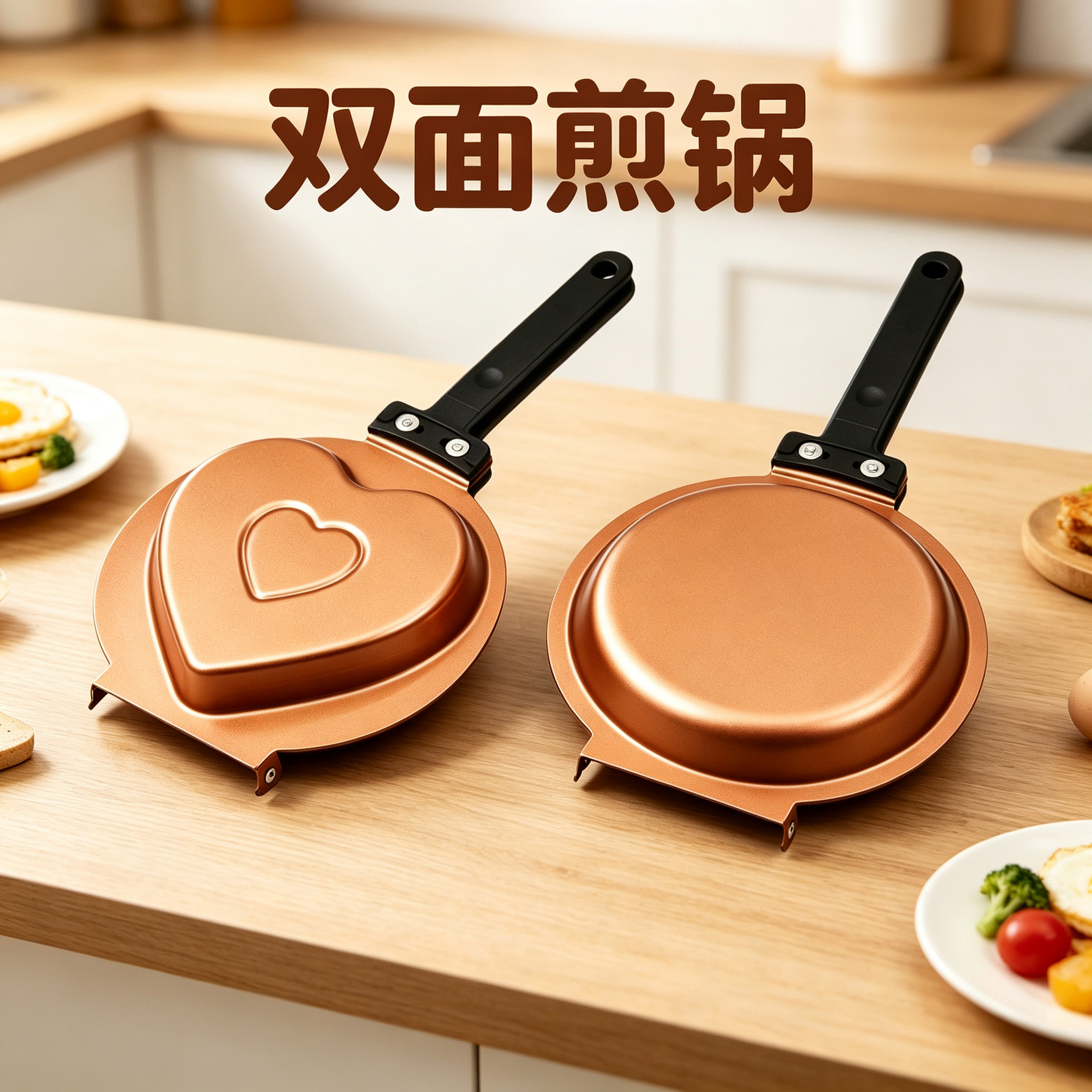 CGUCOOK Double-sided flat frying pan, cake flat pan, heart-shaped folding pan, non-stick frying pan, baking tray, double-sided pan, breakfast folding frying pan